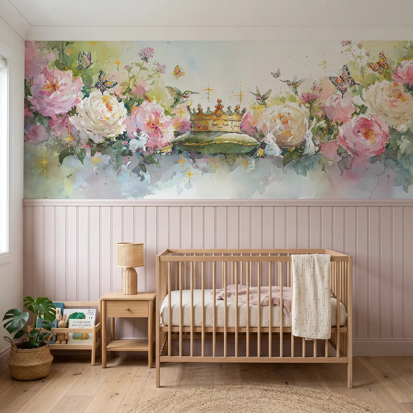 Watercolor enchanted garden crown wainscoting wallpaper for nursery by Whimsy Tots