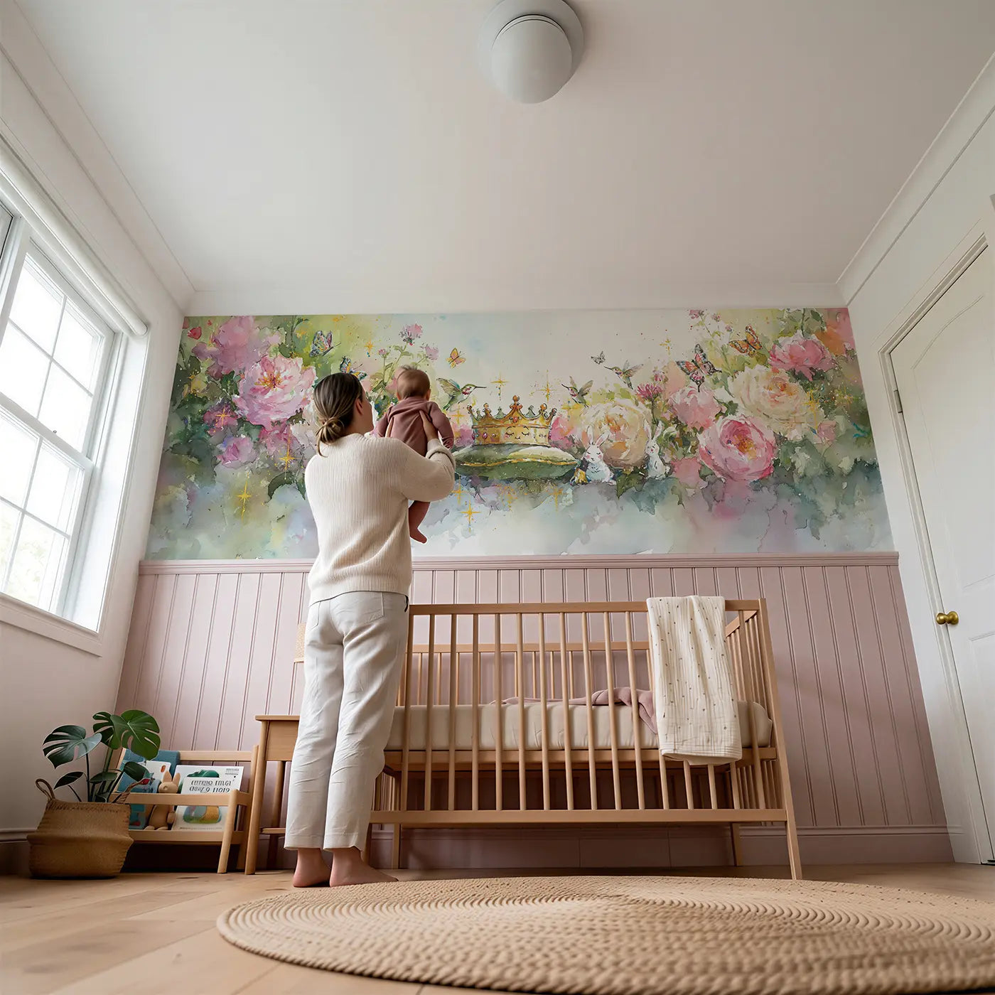 Child reading near Enchanted Garden Crown Wainscoting Wallpaper by Whimsy Tots