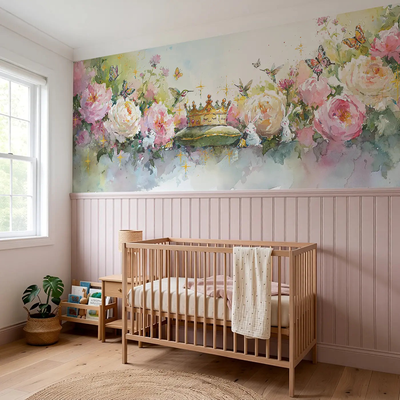 Enchanted Garden Crown Wainscoting Wallpaper styled in a kids bedroom by Whimsy Tots