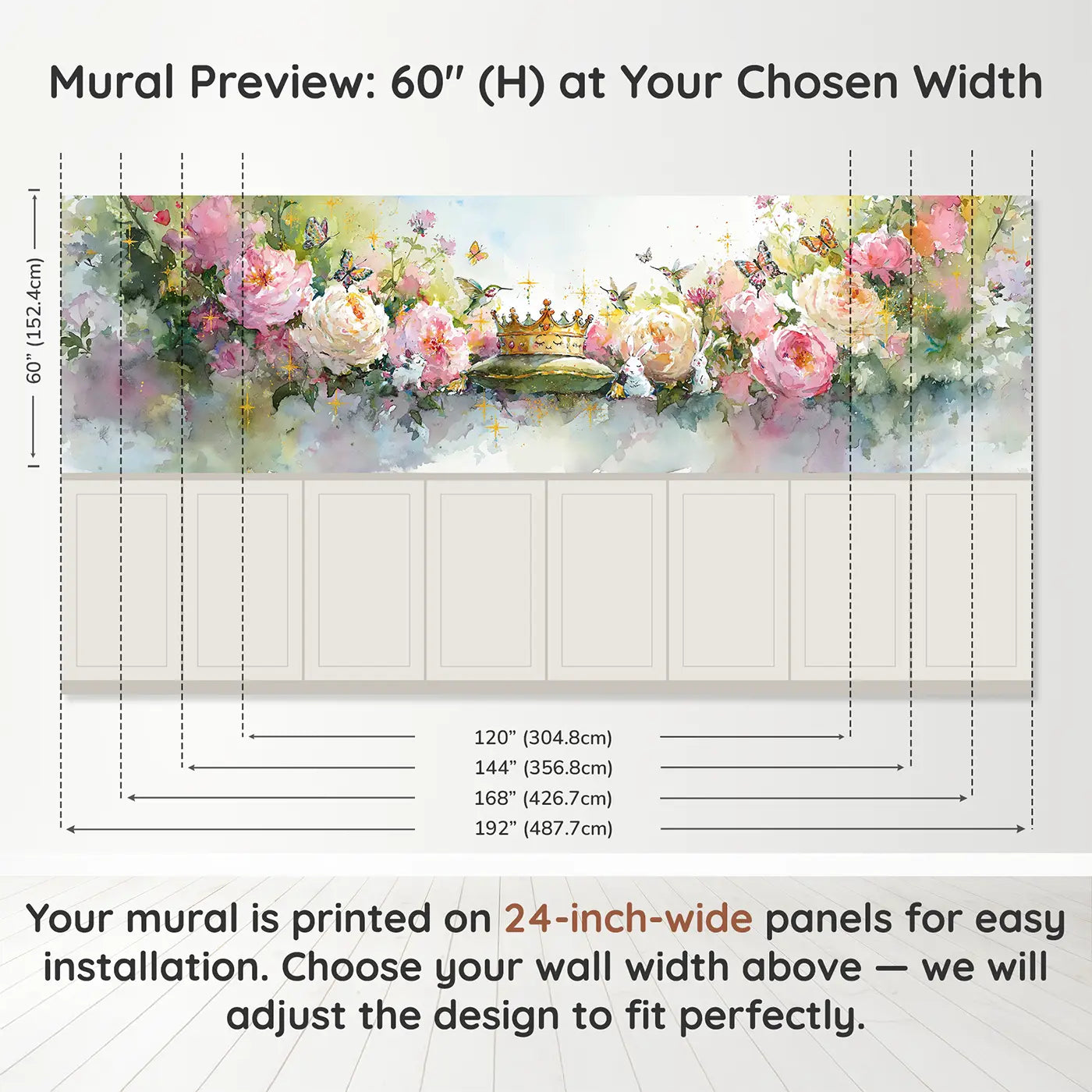 Panel dimensions for Enchanted Garden Crown Wainscoting Wallpaper by Whimsy Tots