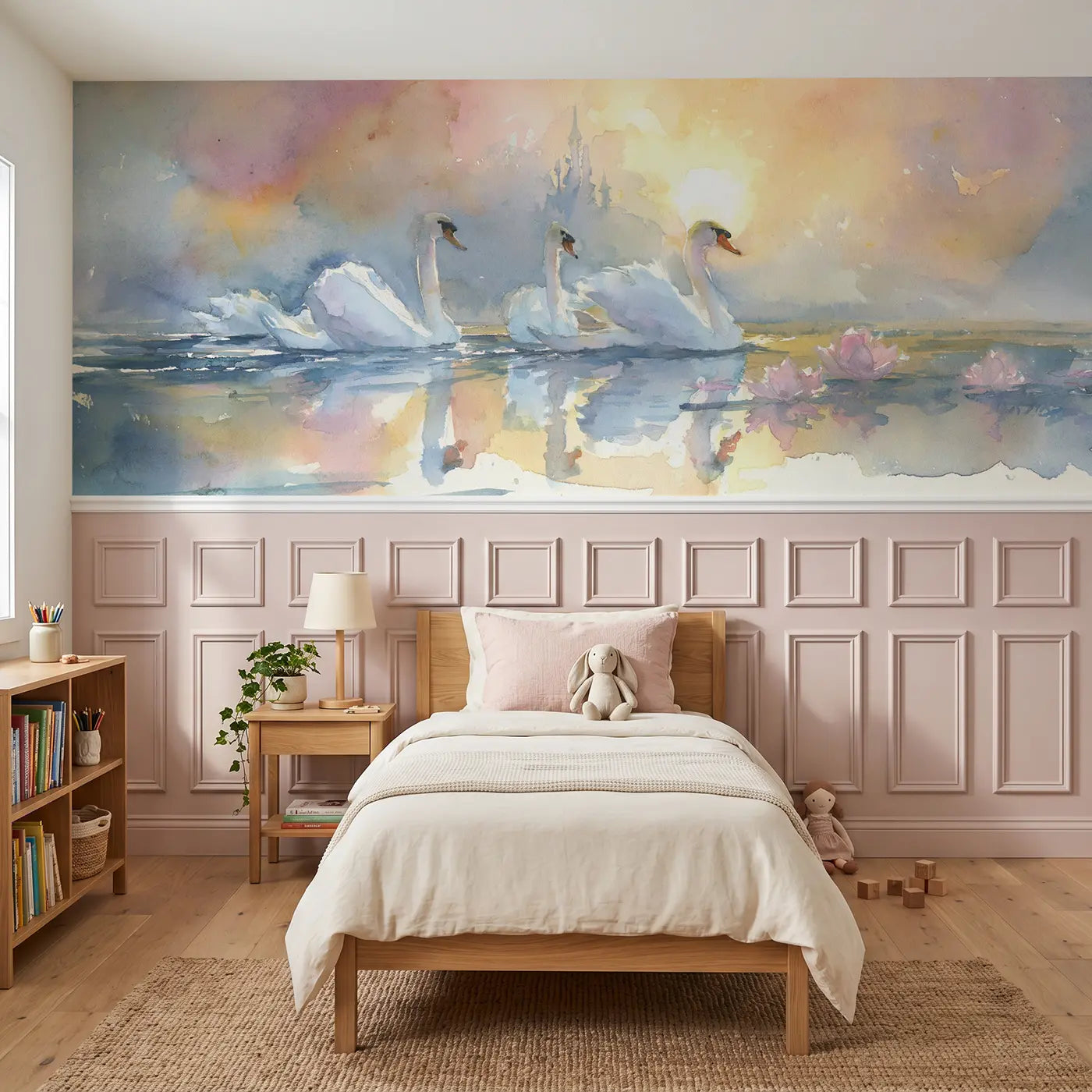 Watercolor royal swan lake sunset wainscoting wallpaper for bedroom by Whimsy Tots