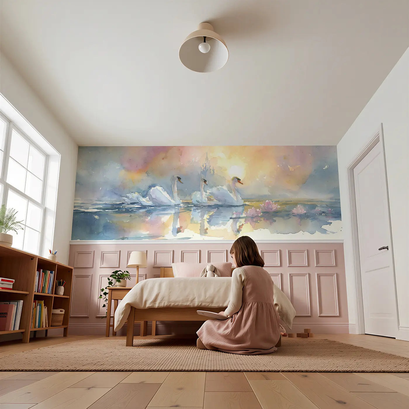 Child reading near Royal Swan Lake Sunset Wainscoting Wallpaper by Whimsy Tots