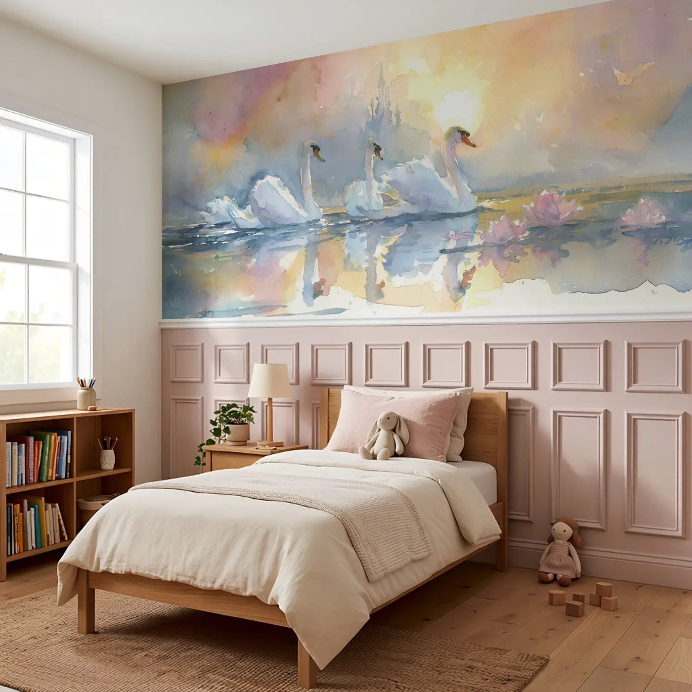 Royal Swan Lake Sunset Wainscoting Wallpaper styled in a kids bedroom by Whimsy Tots