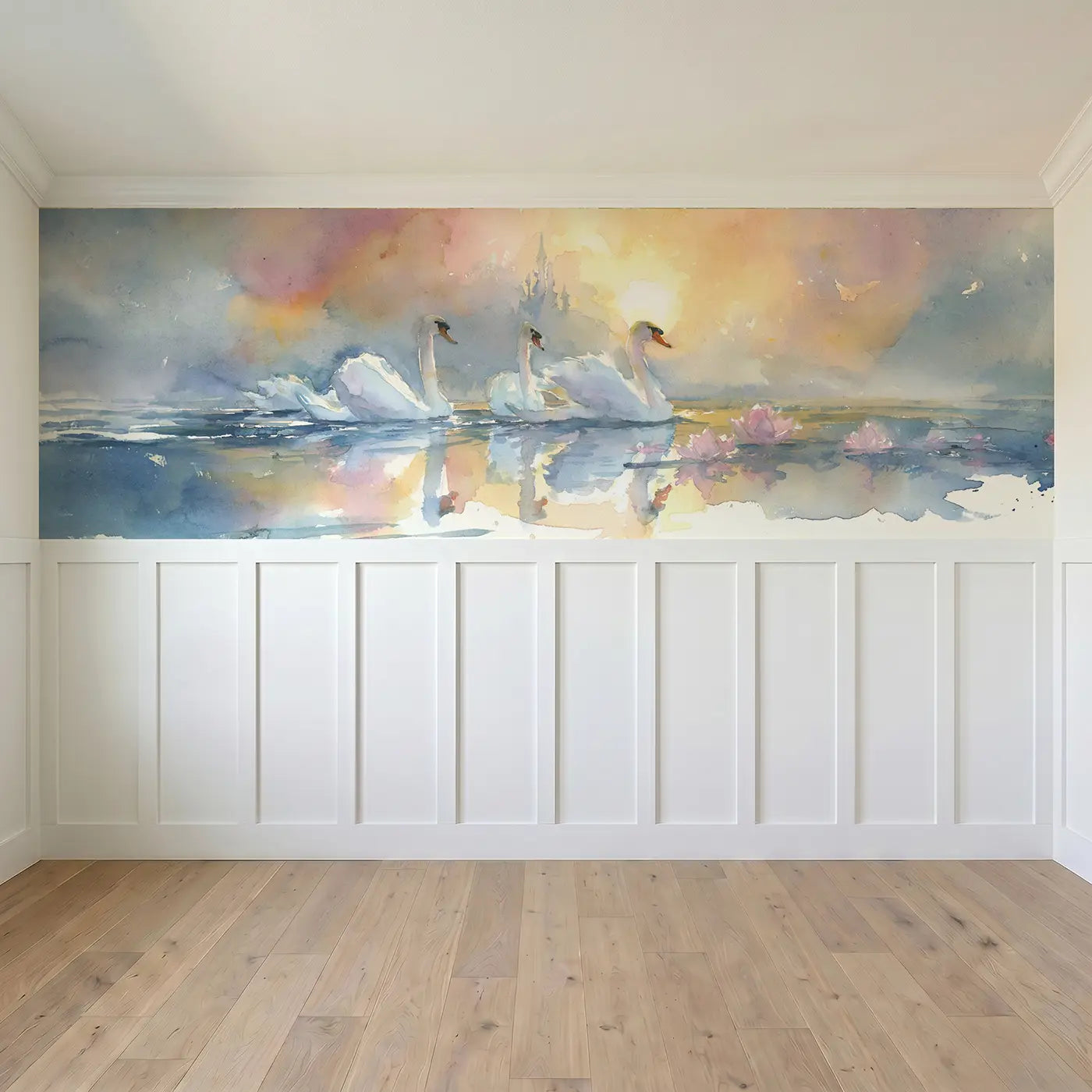 Full panel view of Royal Swan Lake Sunset Wainscoting Wallpaper by Whimsy Tots