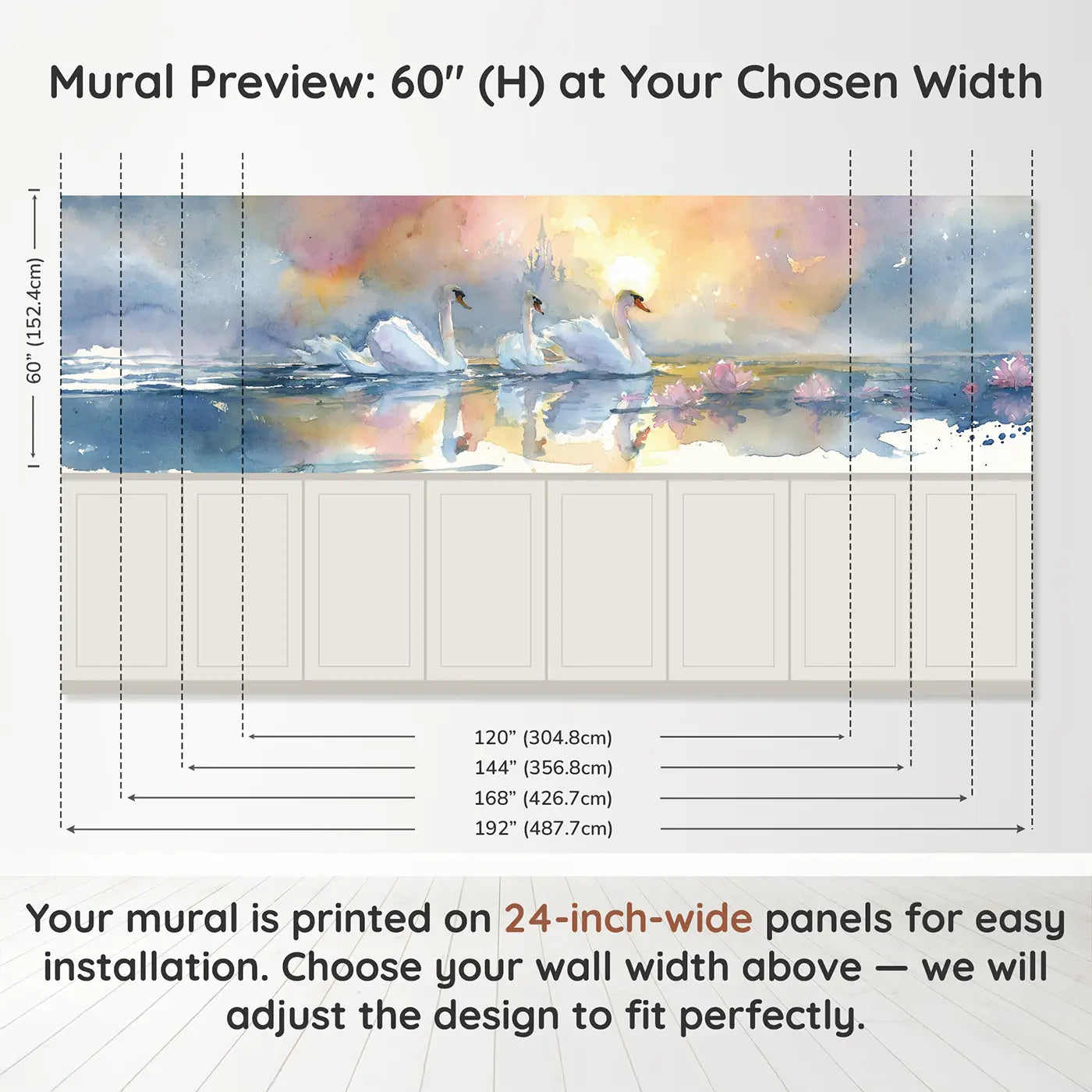 Panel dimensions for Royal Swan Lake Sunset Wainscoting Wallpaper by Whimsy Tots