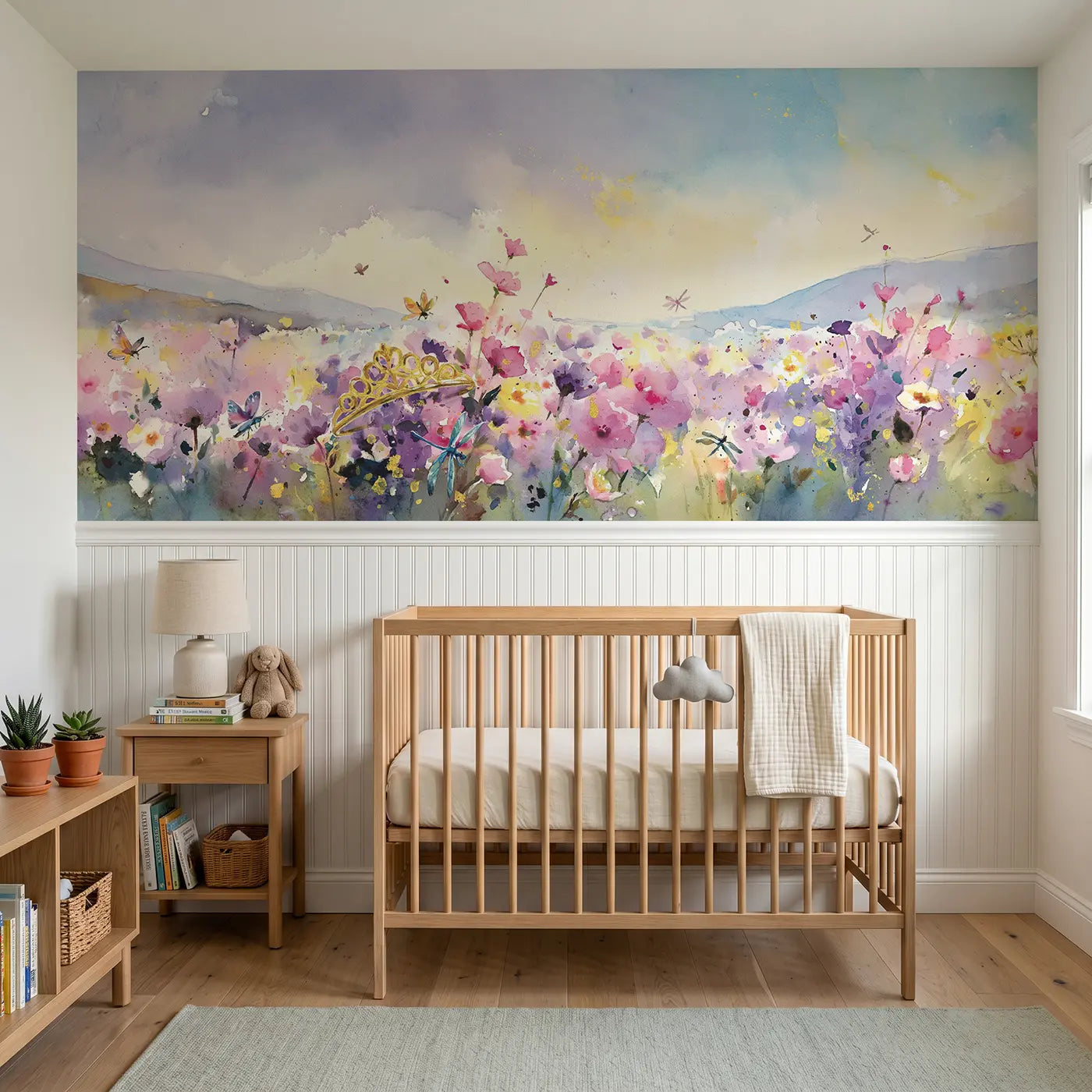 Watercolor princess meadow flower field wainscoting wallpaper for nursery by Whimsy Tots