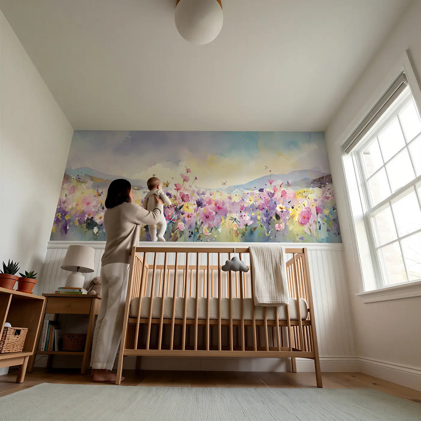 Child reading near Princess Meadow Flower Field Wainscoting Wallpaper by Whimsy Tots