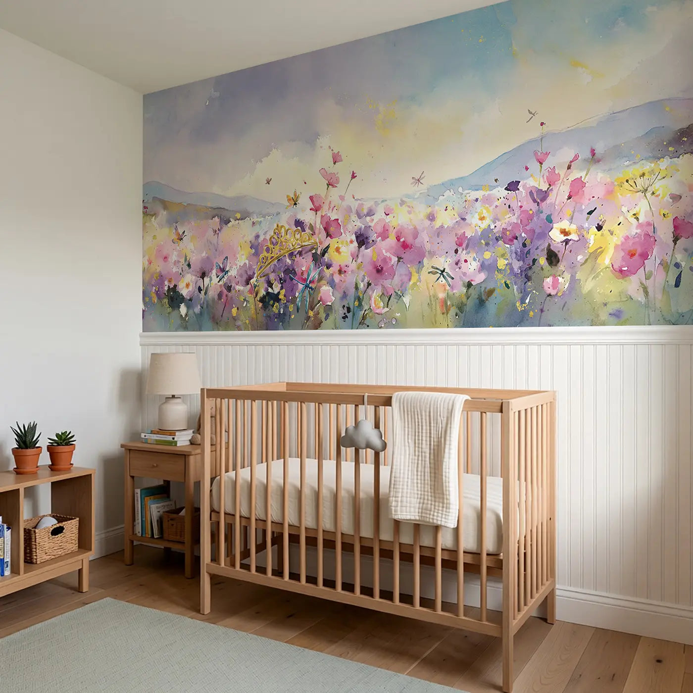 Princess Meadow Flower Field Wainscoting Wallpaper styled in a kids bedroom by Whimsy Tots