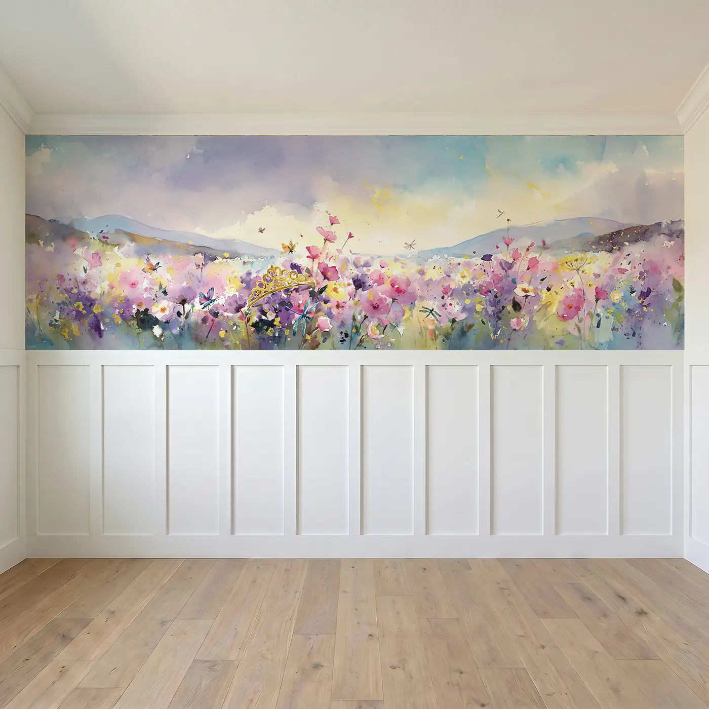 Full panel view of Princess Meadow Flower Field Wainscoting Wallpaper by Whimsy Tots