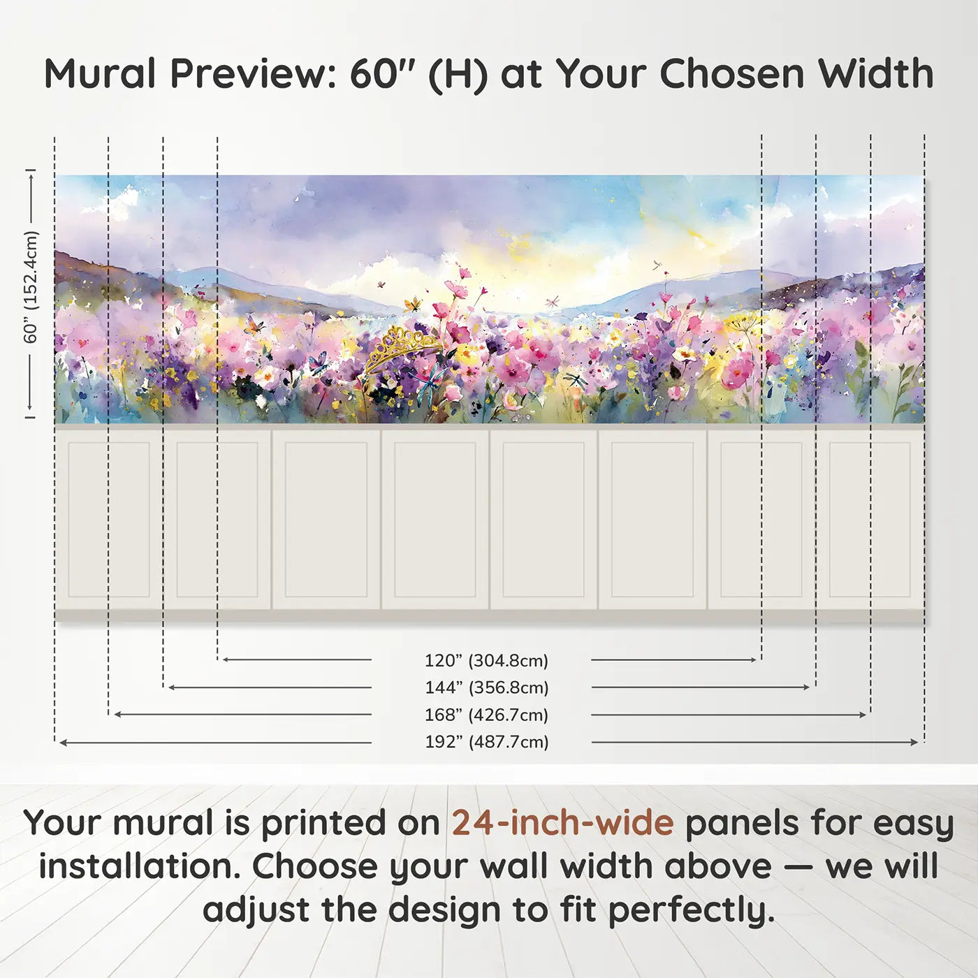 Panel dimensions for Princess Meadow Flower Field Wainscoting Wallpaper by Whimsy Tots