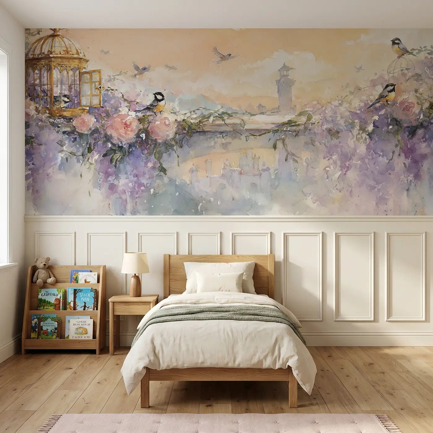 Watercolor fairy-tale tower garden view wainscoting wallpaper for bedroom by Whimsy Tots