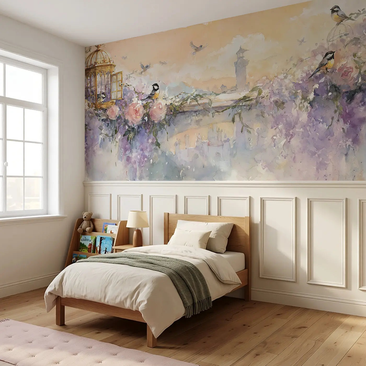 Fairy-tale Tower Garden View Wainscoting Wallpaper styled in a kids bedroom by Whimsy Tots