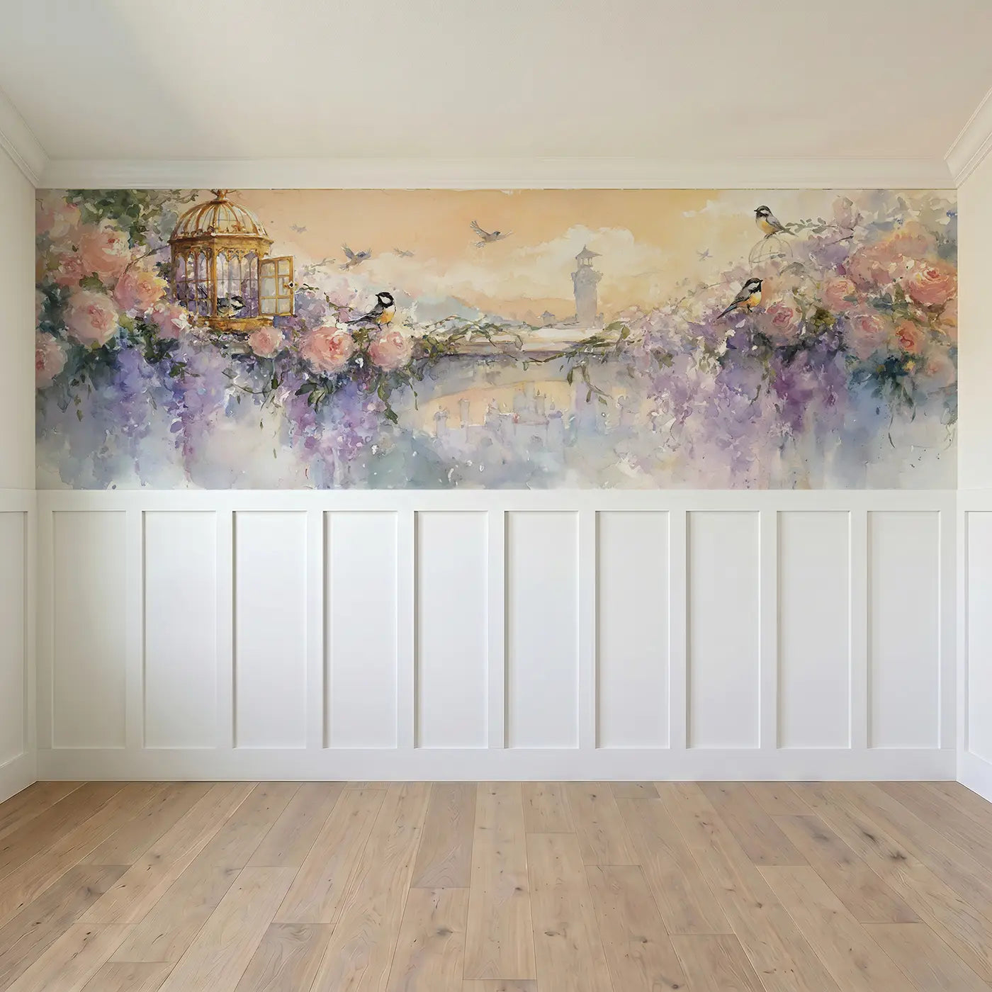 Full panel view of Fairy-tale Tower Garden View Wainscoting Wallpaper by Whimsy Tots