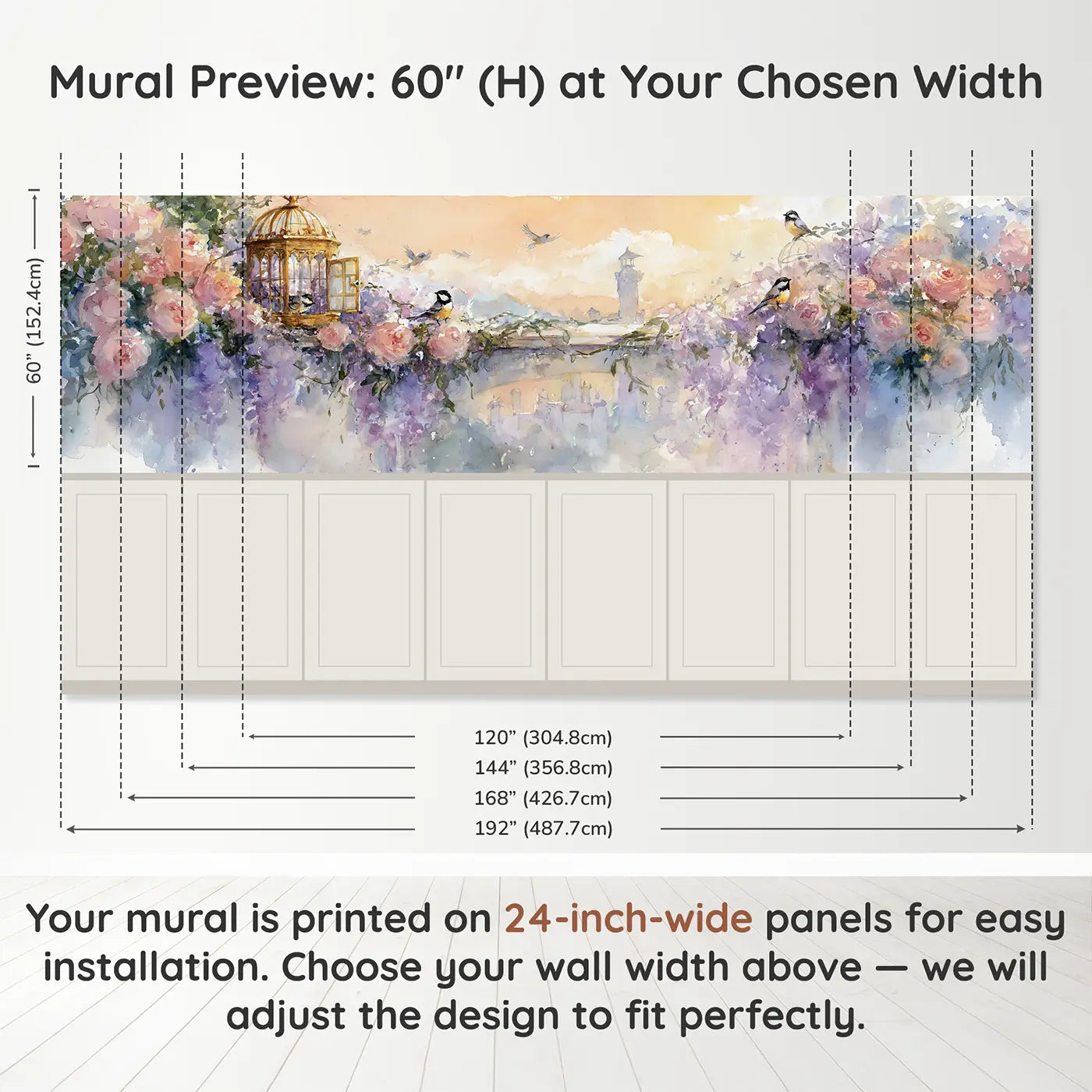 Panel dimensions for Fairy-tale Tower Garden View Wainscoting Wallpaper by Whimsy Tots