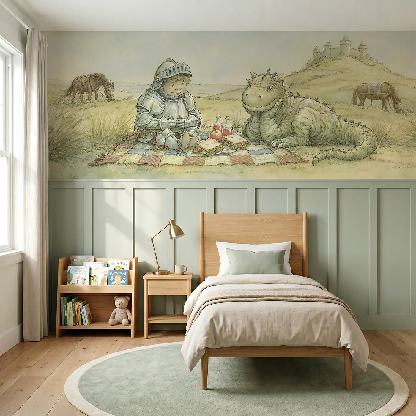 Storybook knight dragon friendly meeting wainscoting wallpaper for bedroom by Whimsy Tots