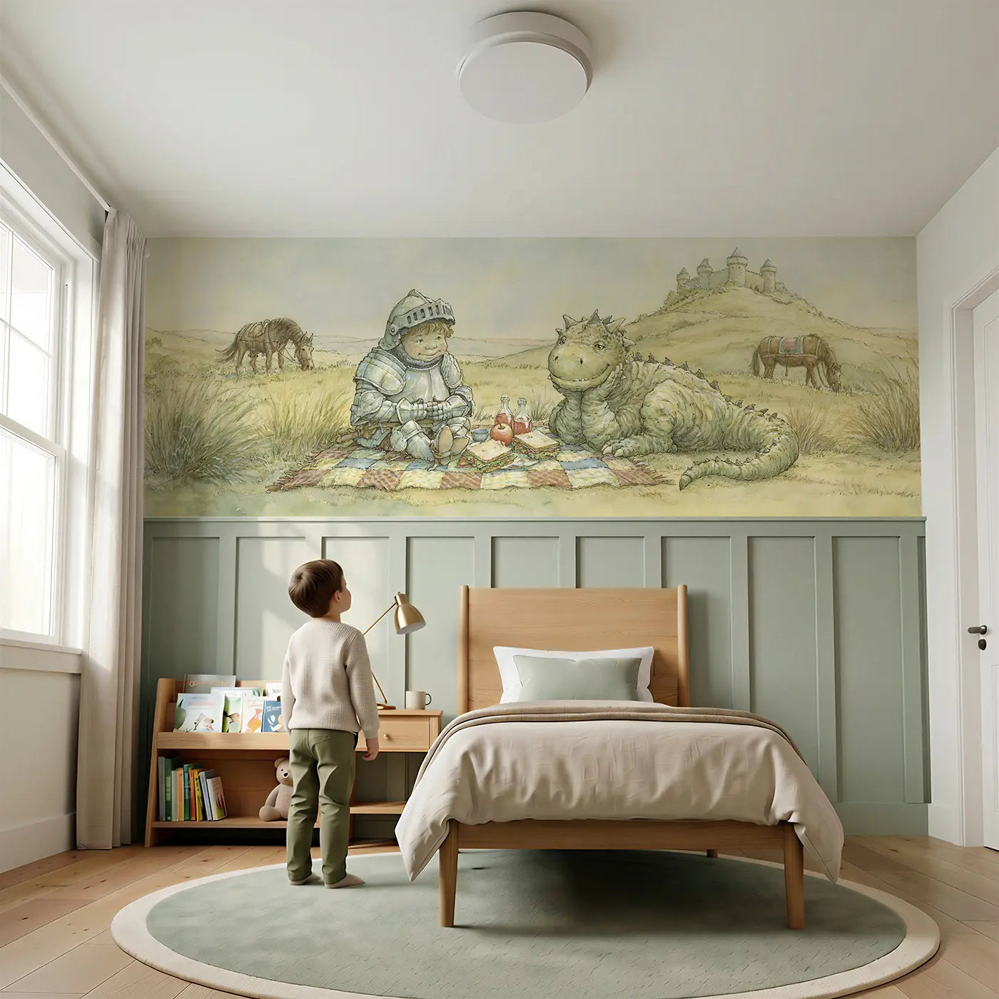 Child reading near Knight Dragon Friendly Meeting Wainscoting Wallpaper by Whimsy Tots