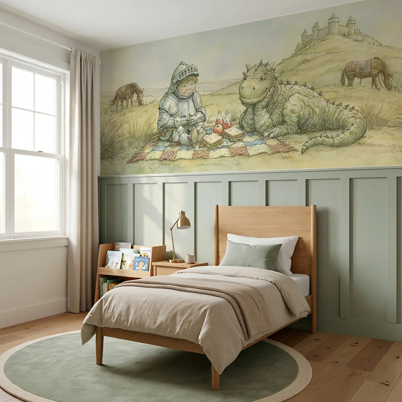 Knight Dragon Friendly Meeting Wainscoting Wallpaper styled in a kids bedroom by Whimsy Tots