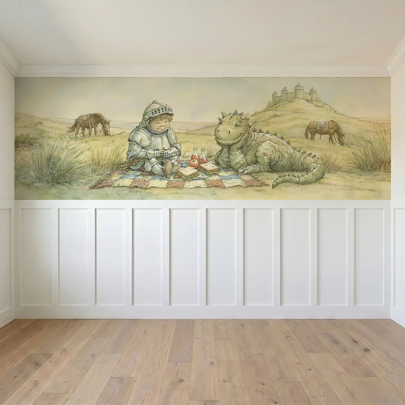Full panel view of Knight Dragon Friendly Meeting Wainscoting Wallpaper by Whimsy Tots