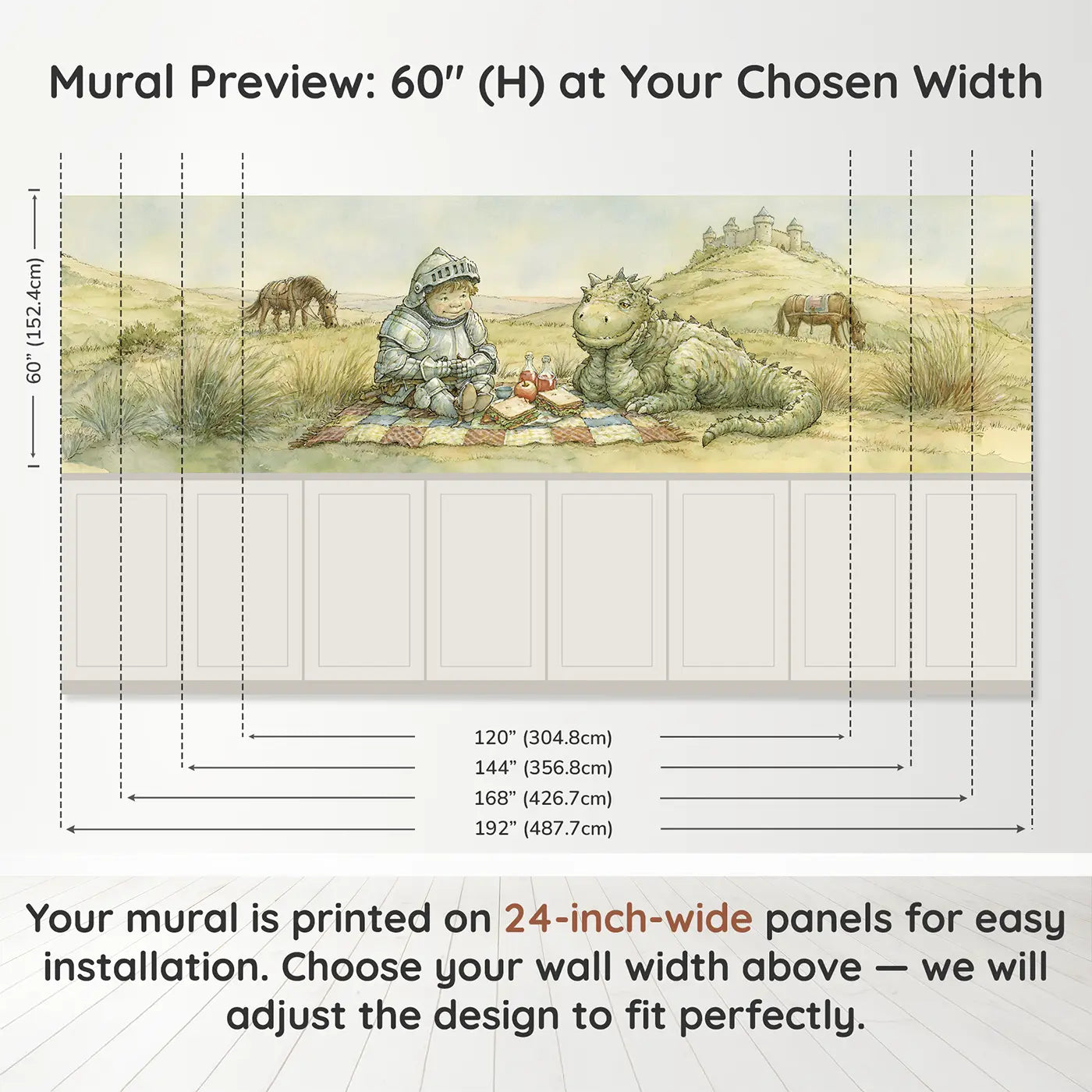 Panel dimensions for Knight Dragon Friendly Meeting Wainscoting Wallpaper by Whimsy Tots