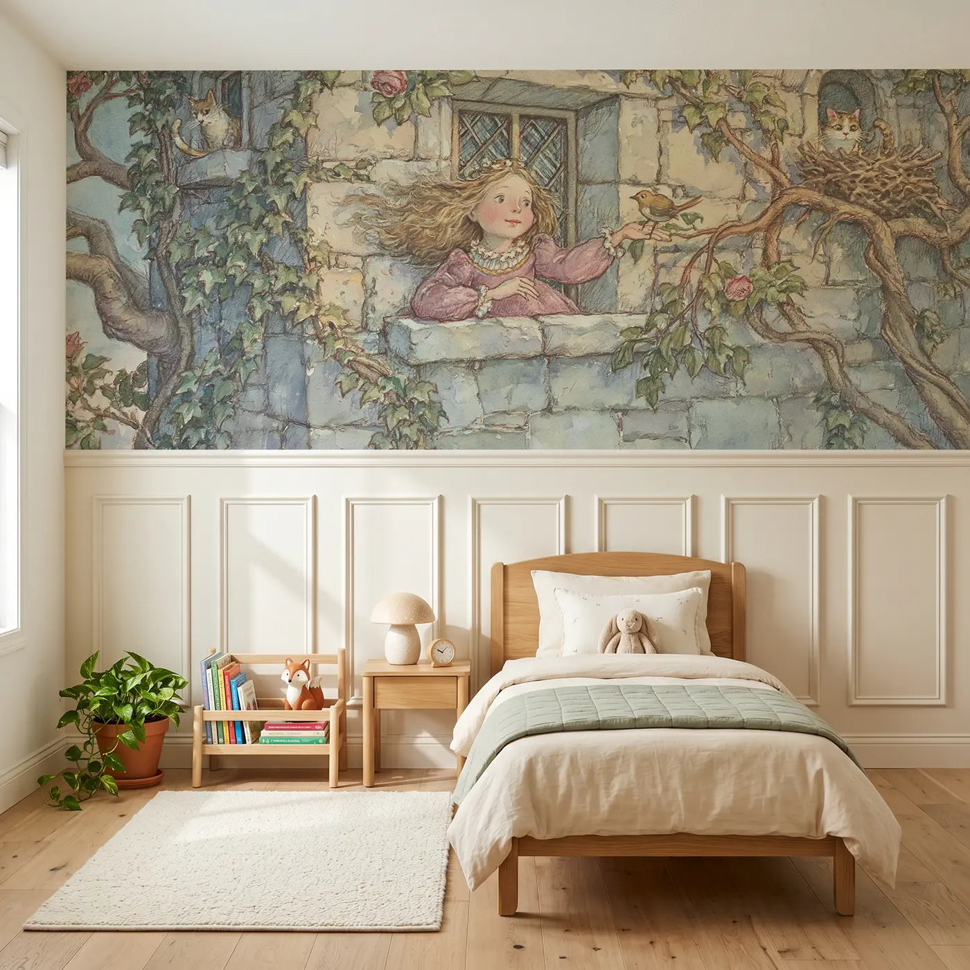 Storybook princess tower bird rescue wainscoting wallpaper for bedroom by Whimsy Tots
