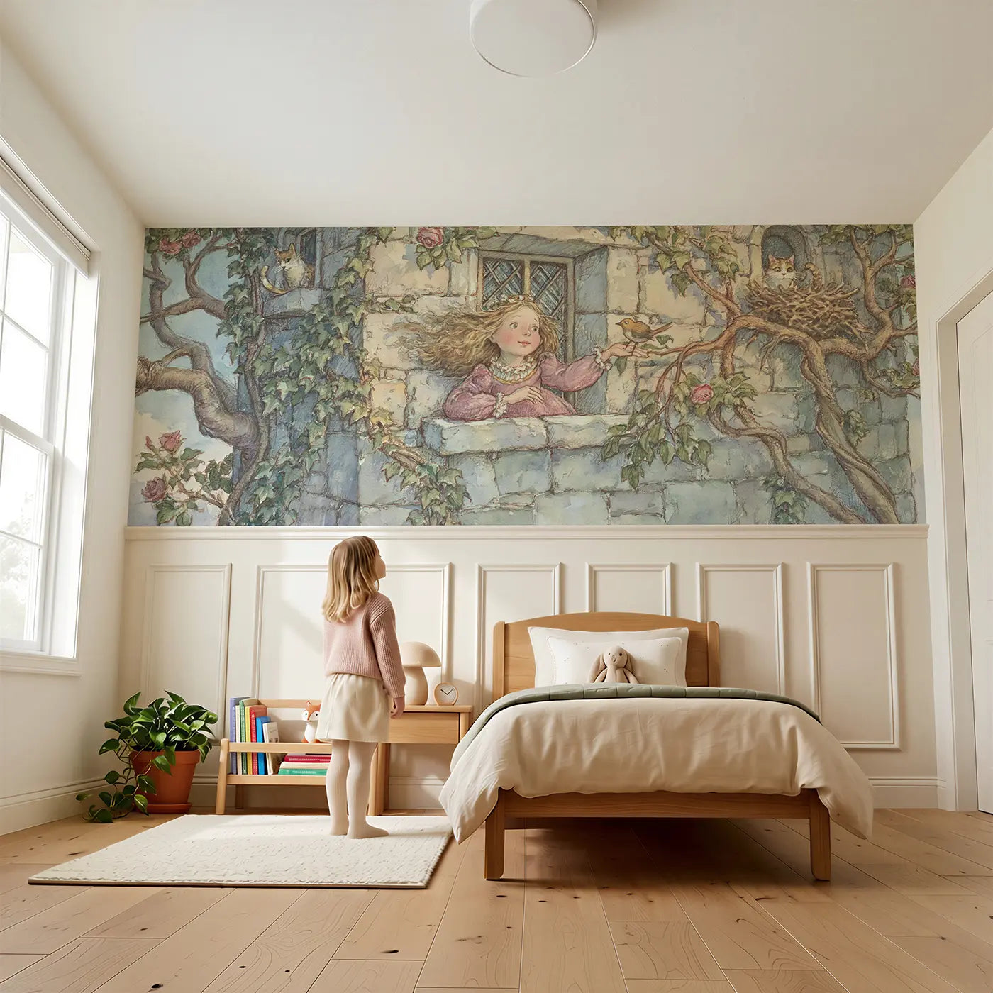 Child reading near Princess Tower Bird Rescue Wainscoting Wallpaper by Whimsy Tots