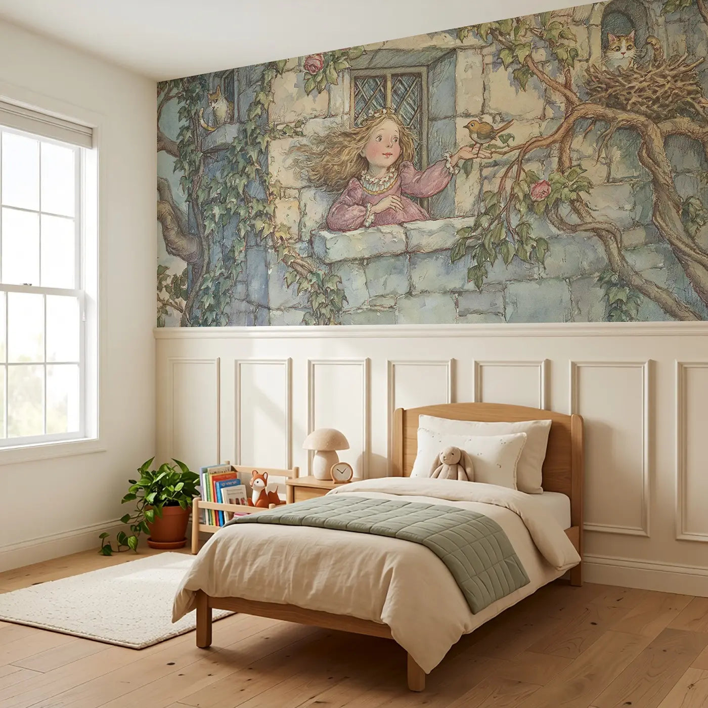 Princess Tower Bird Rescue Wainscoting Wallpaper styled in a kids bedroom by Whimsy Tots