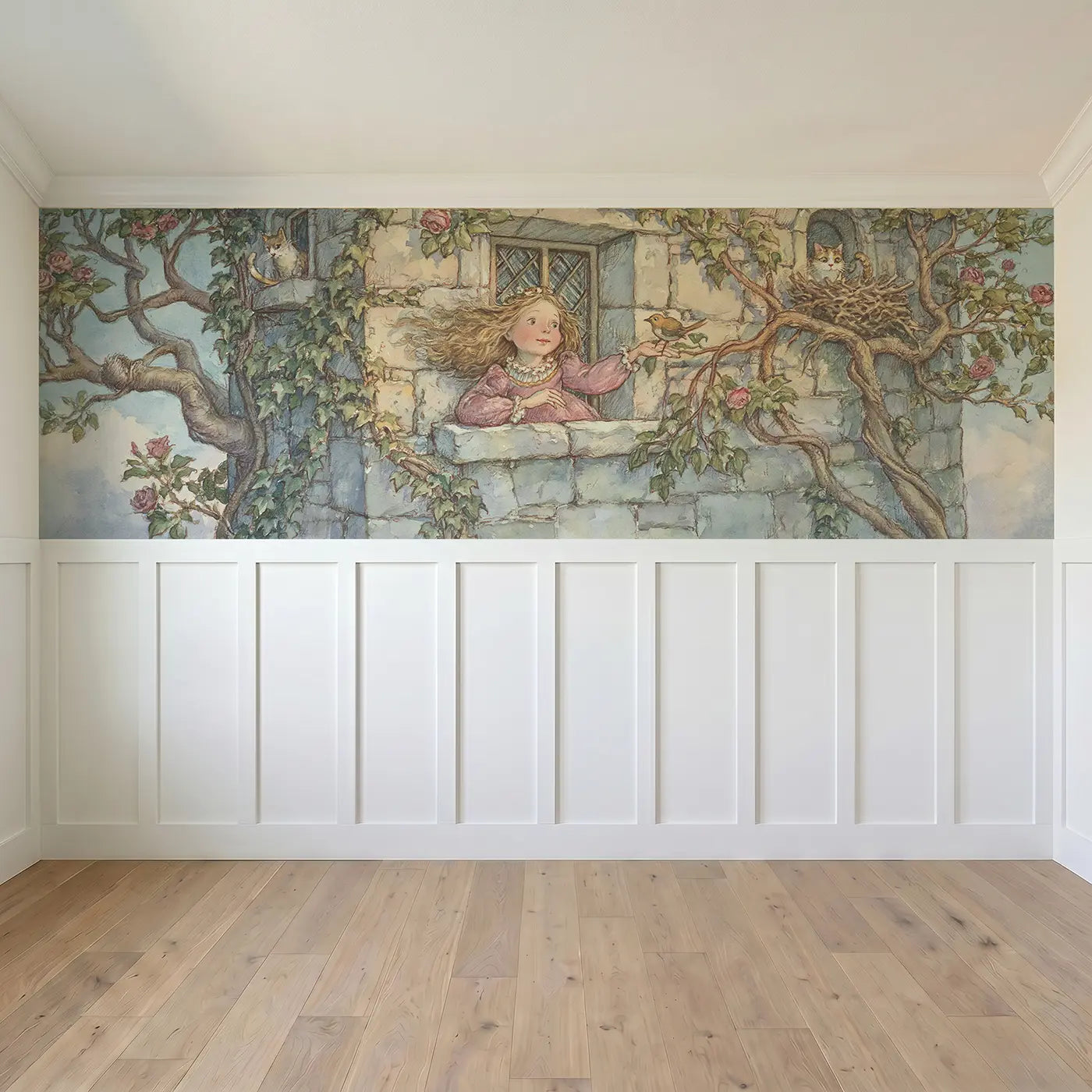 Full panel view of Princess Tower Bird Rescue Wainscoting Wallpaper by Whimsy Tots