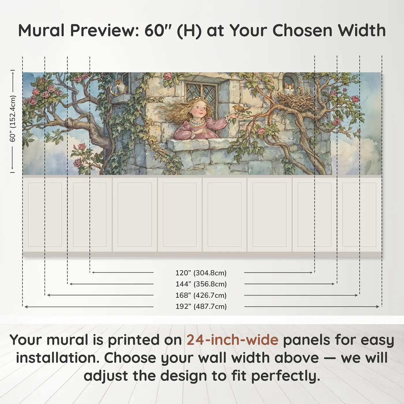 Panel dimensions for Princess Tower Bird Rescue Wainscoting Wallpaper by Whimsy Tots