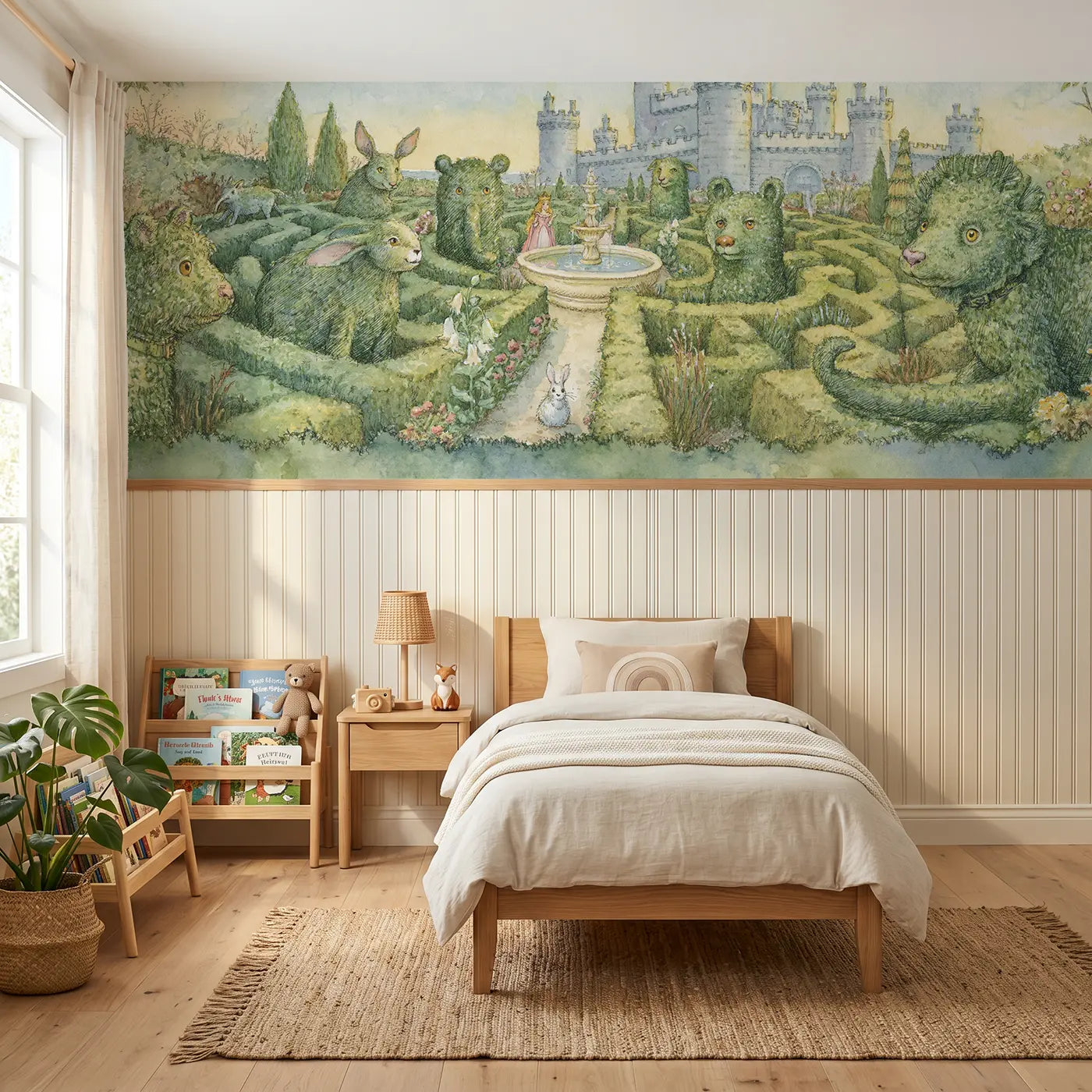Storybook castle garden maze view wainscoting wallpaper for bedroom by Whimsy Tots