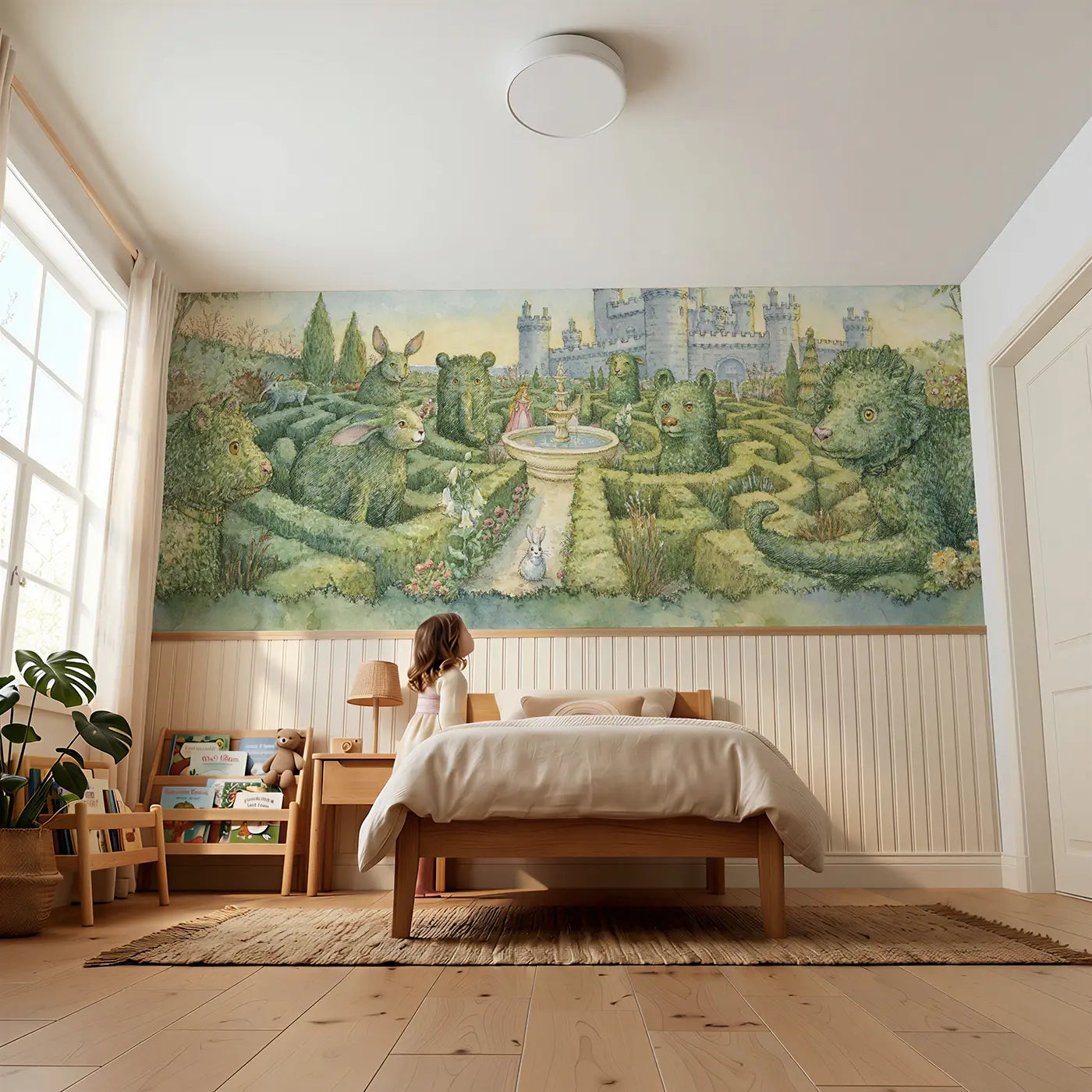 Child reading near Castle Garden Maze View Wainscoting Wallpaper by Whimsy Tots