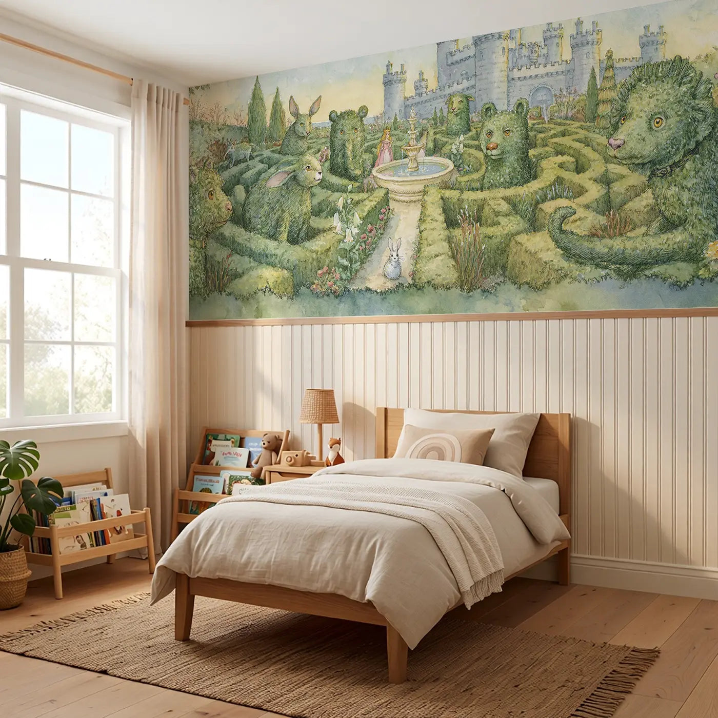 Castle Garden Maze View Wainscoting Wallpaper styled in a kids bedroom by Whimsy Tots