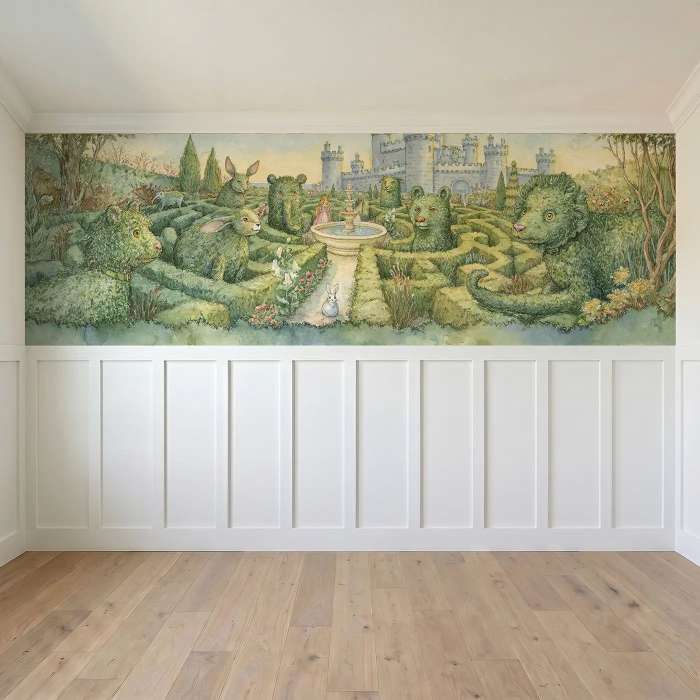 Full panel view of Castle Garden Maze View Wainscoting Wallpaper by Whimsy Tots