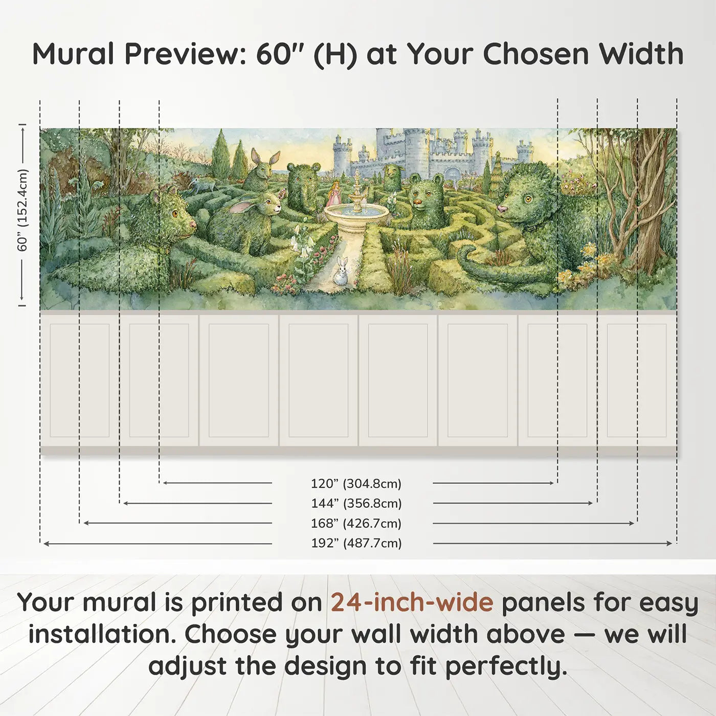 Panel dimensions for Castle Garden Maze View Wainscoting Wallpaper by Whimsy Tots
