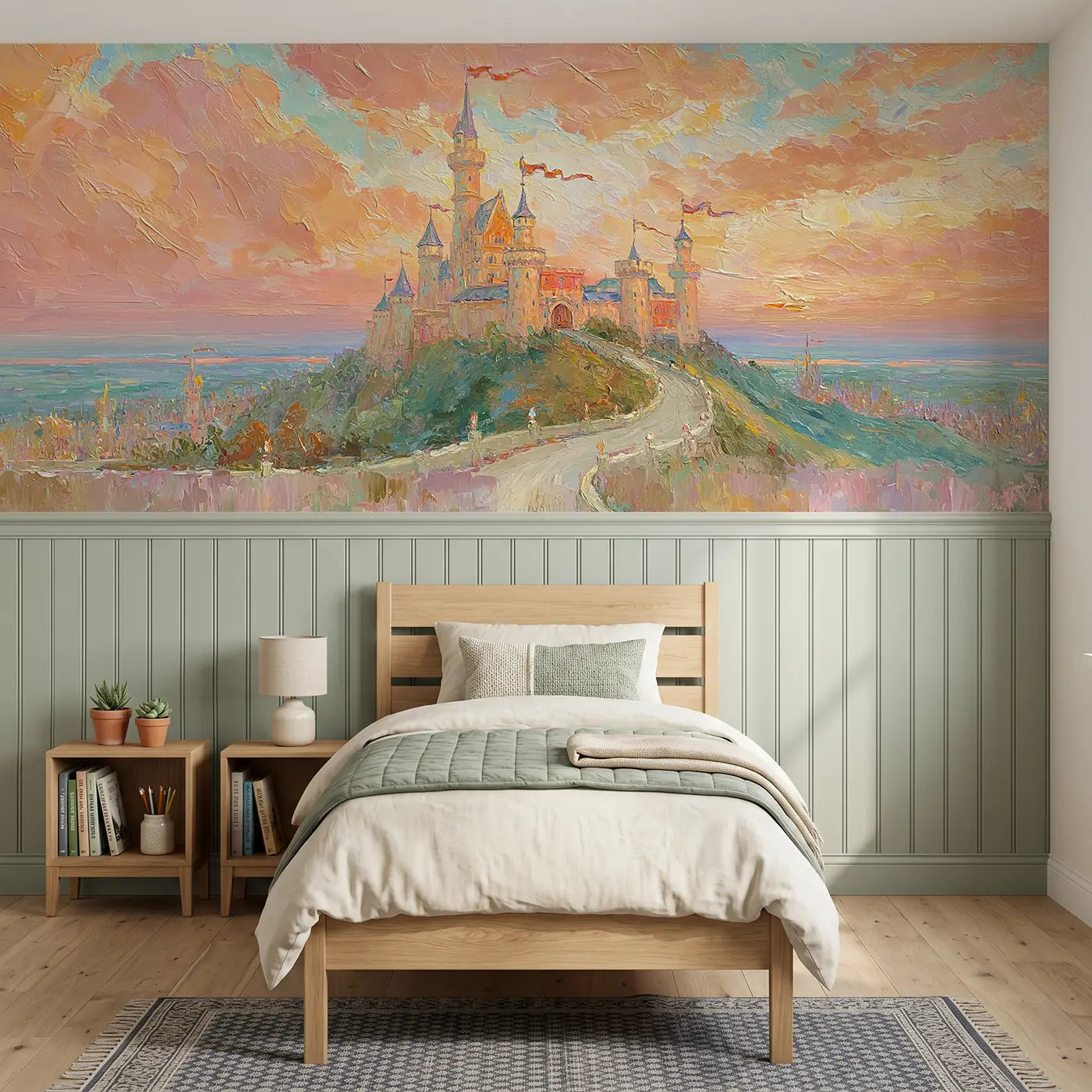 Painted Landscape castle sunset kingdom oil wainscoting wallpaper for bedroom by Whimsy Tots
