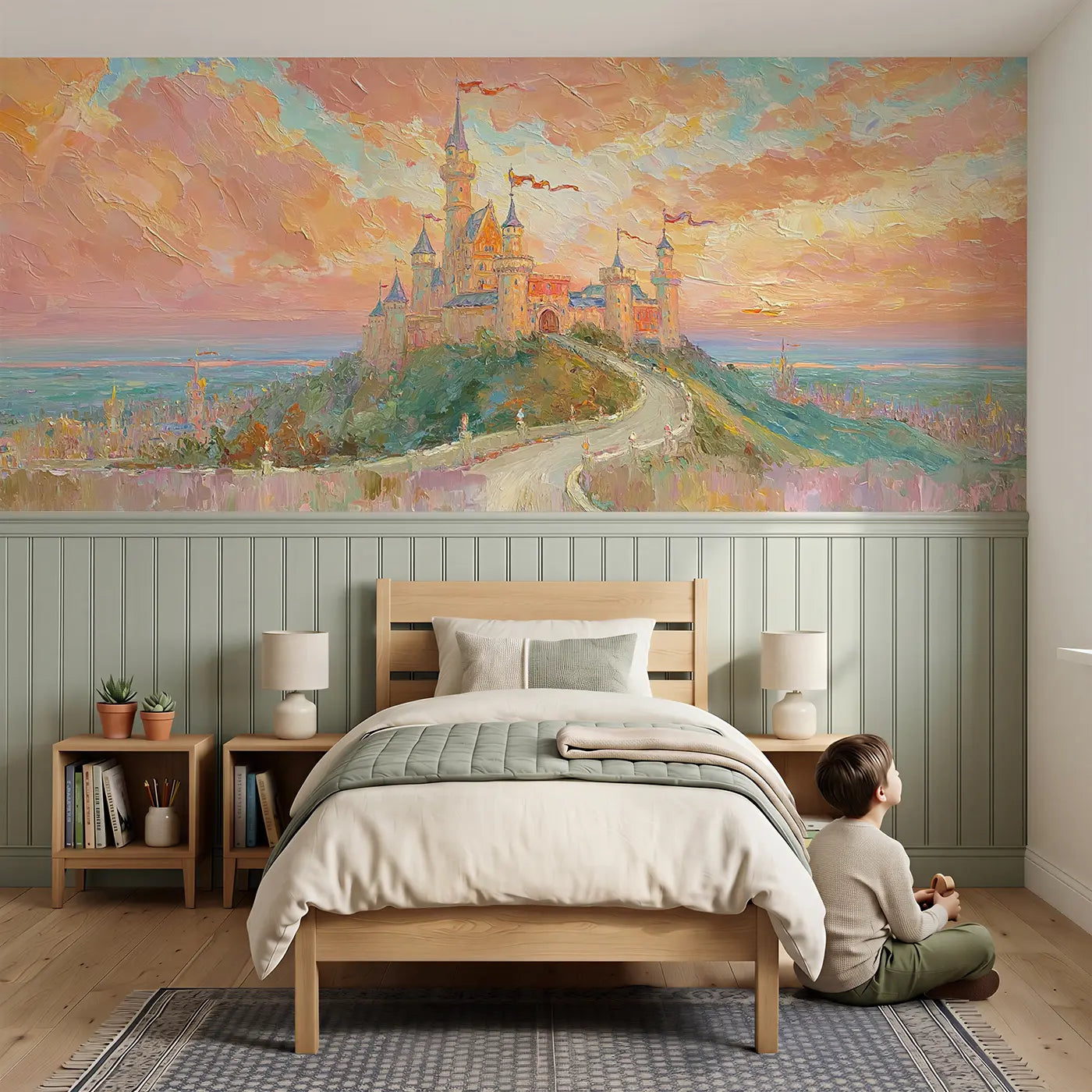 Child reading near Castle Sunset Kingdom Oil Wainscoting Wallpaper by Whimsy Tots