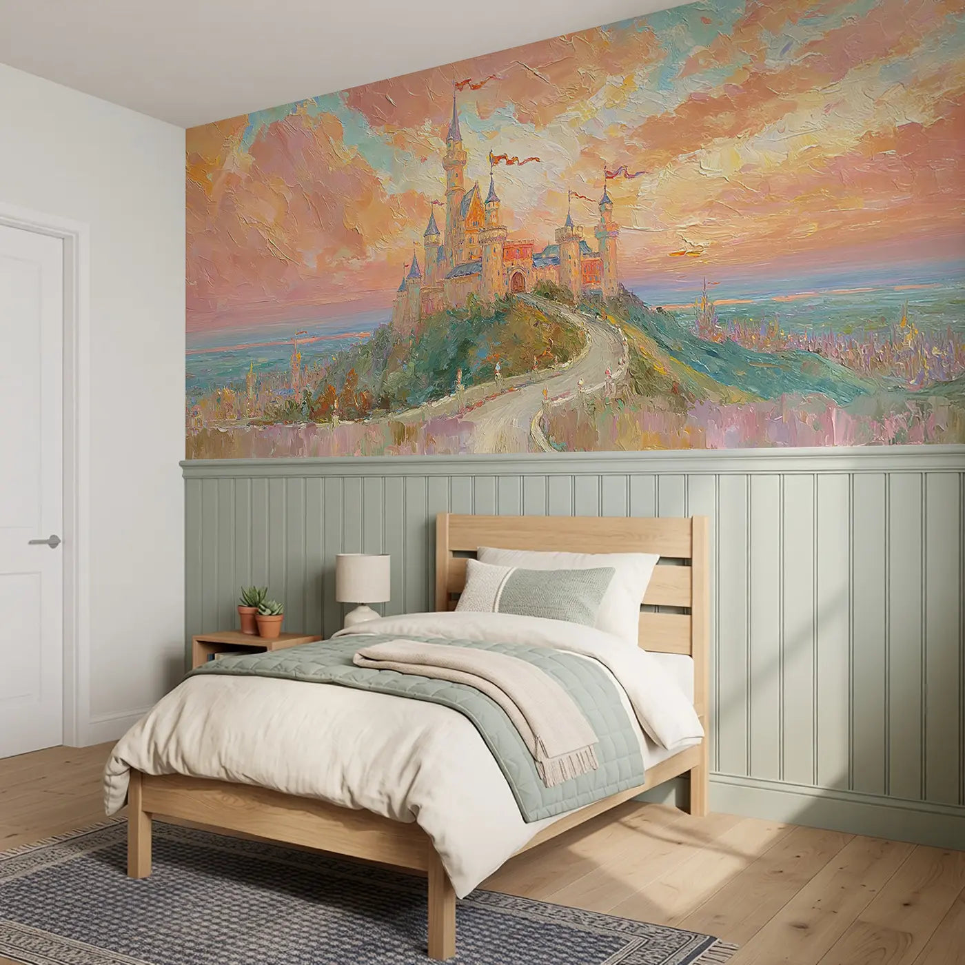 Castle Sunset Kingdom Oil Wainscoting Wallpaper styled in a kids bedroom by Whimsy Tots