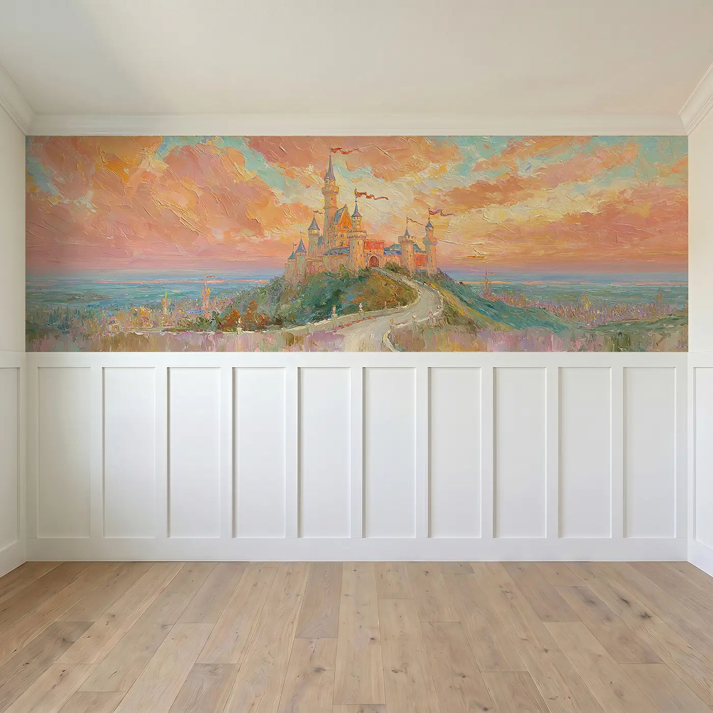 Full panel view of Castle Sunset Kingdom Oil Wainscoting Wallpaper by Whimsy Tots