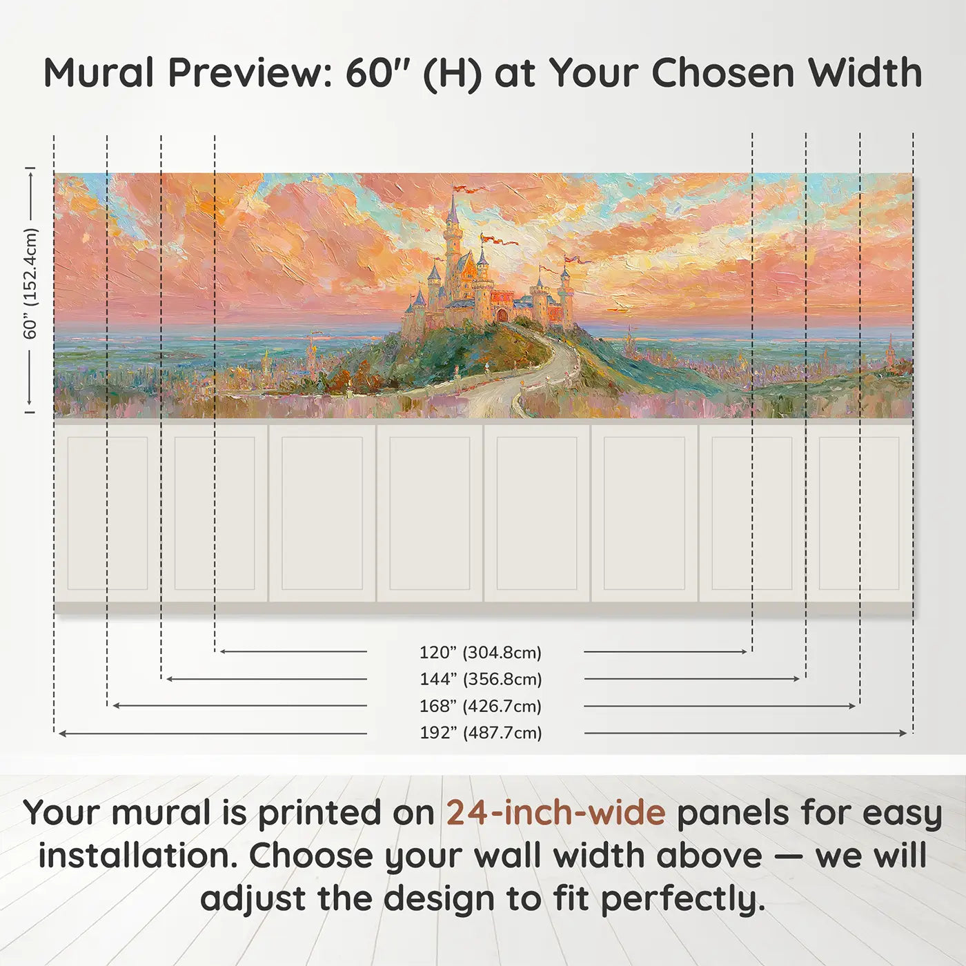 Panel dimensions for Castle Sunset Kingdom Oil Wainscoting Wallpaper by Whimsy Tots