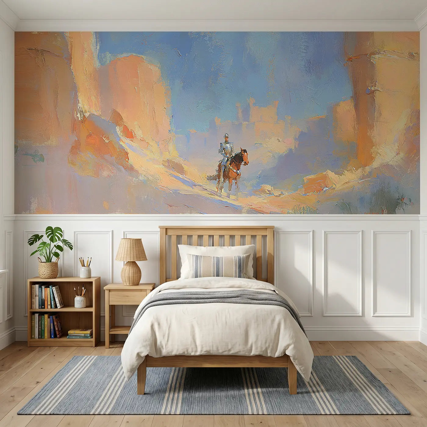 Painted Landscape knight quest mountain pass wainscoting wallpaper for bedroom by Whimsy Tots
