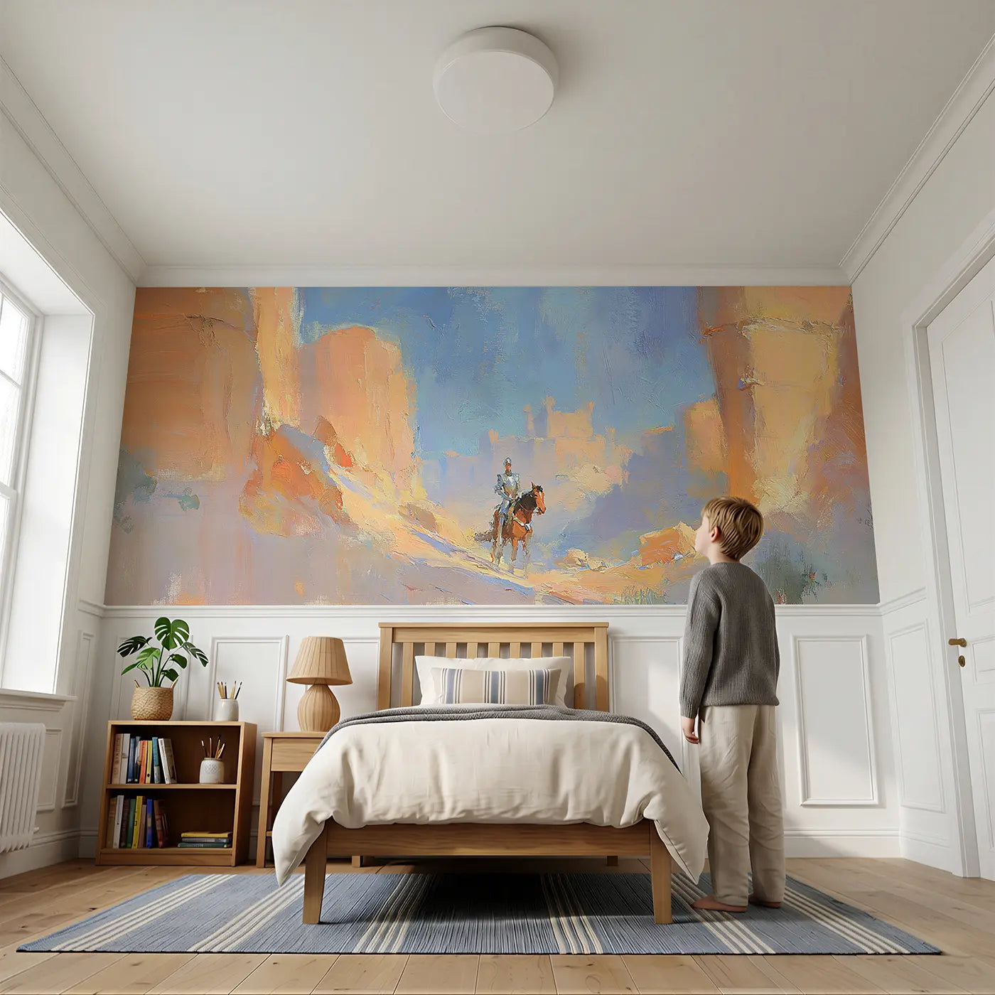 Child reading near Knight Quest Mountain Pass Wainscoting Wallpaper by Whimsy Tots