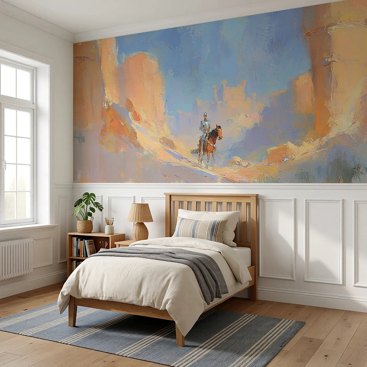 Knight Quest Mountain Pass Wainscoting Wallpaper styled in a kids bedroom by Whimsy Tots