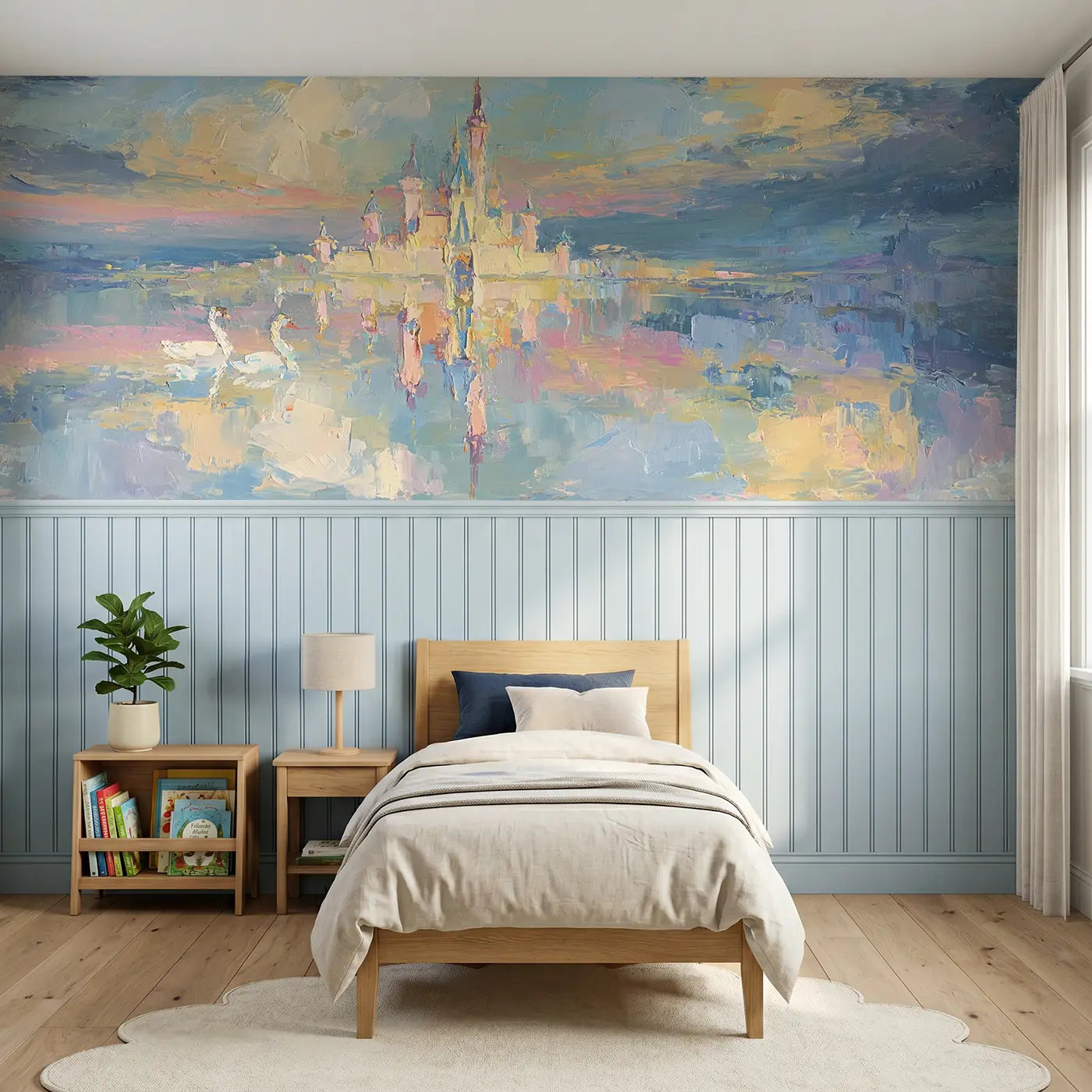 Painted Landscape fairy-tale castle lake oil wainscoting wallpaper for nursery by Whimsy Tots