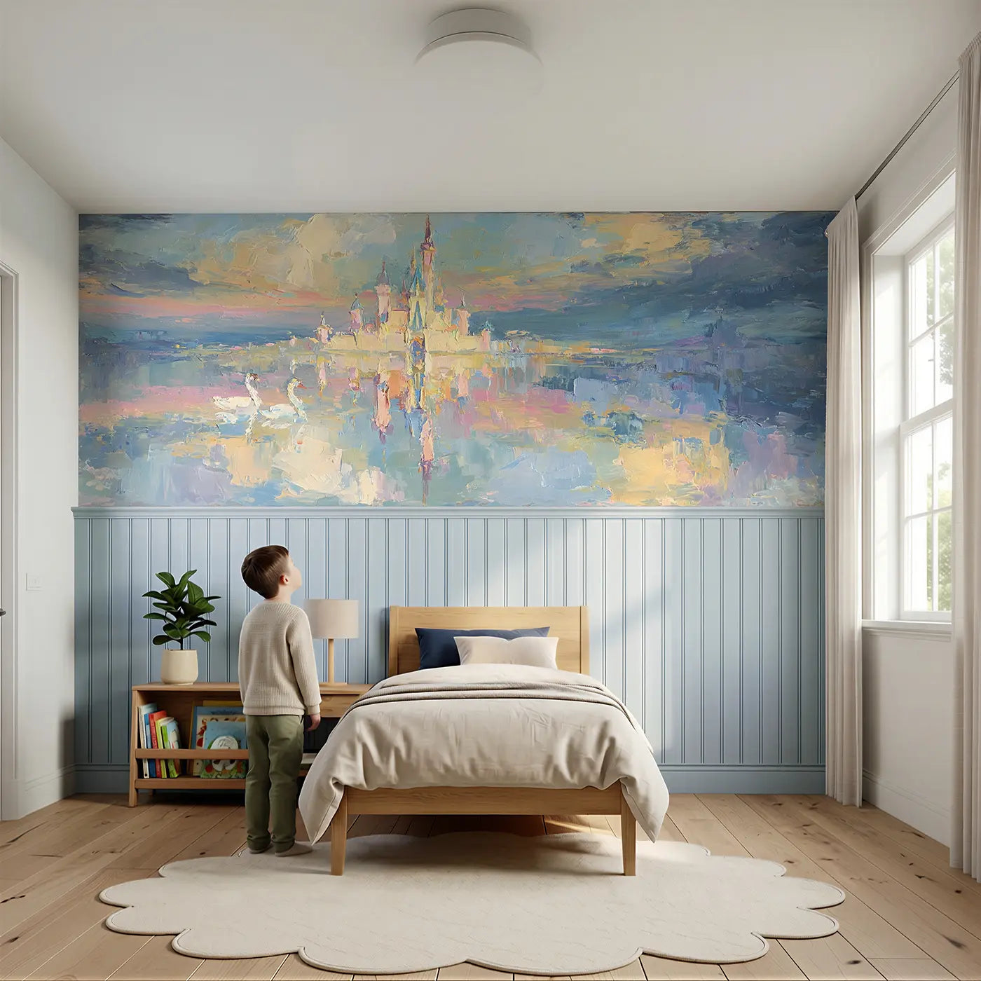 Child reading near Fairy-tale Castle Lake Oil Wainscoting Wallpaper by Whimsy Tots