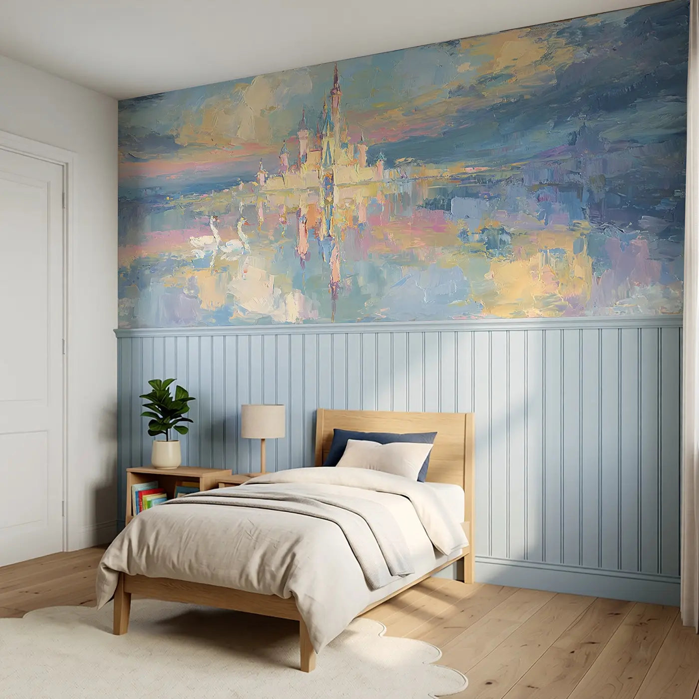 Fairy-tale Castle Lake Oil Wainscoting Wallpaper styled in a kids bedroom by Whimsy Tots