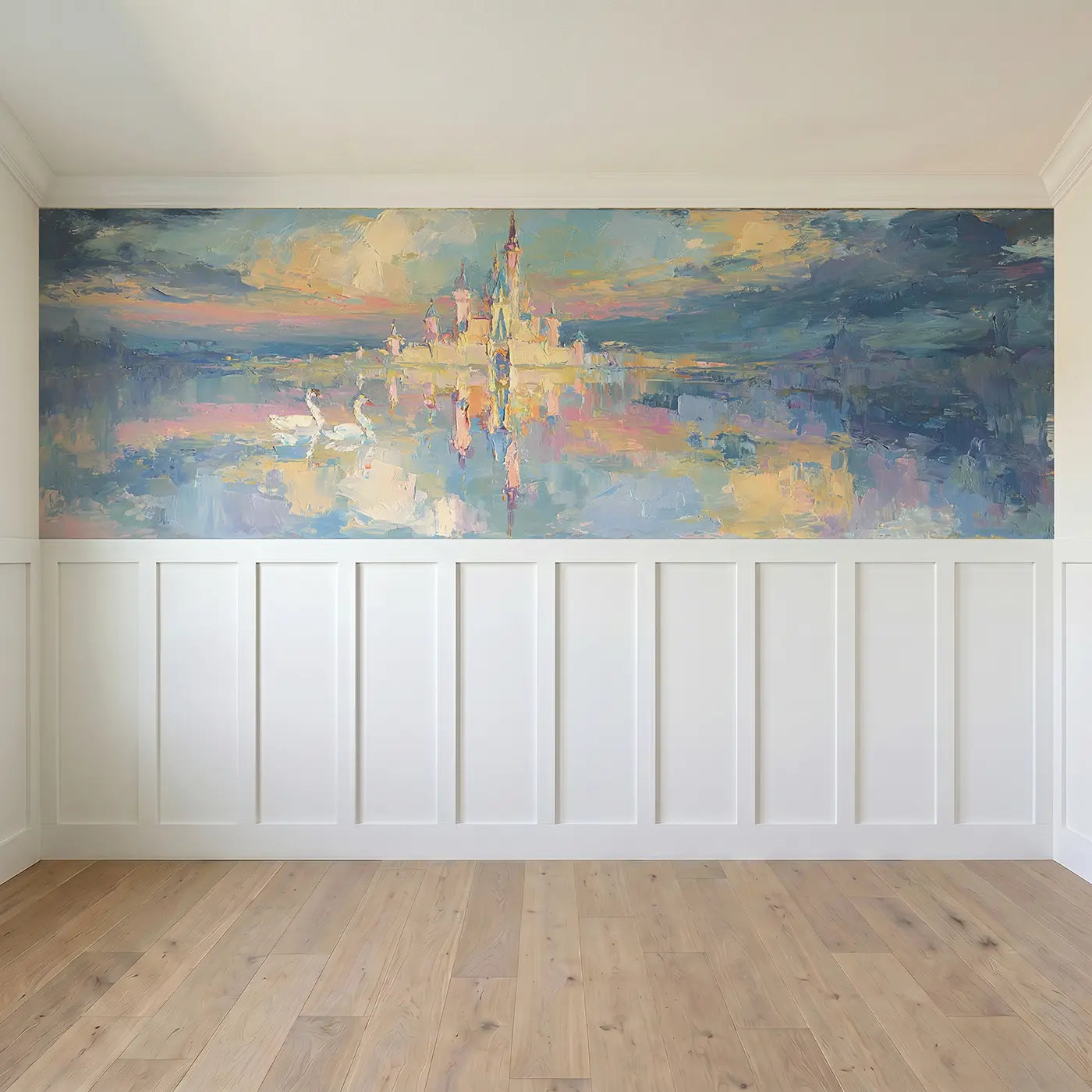 Full panel view of Fairy-tale Castle Lake Oil Wainscoting Wallpaper by Whimsy Tots