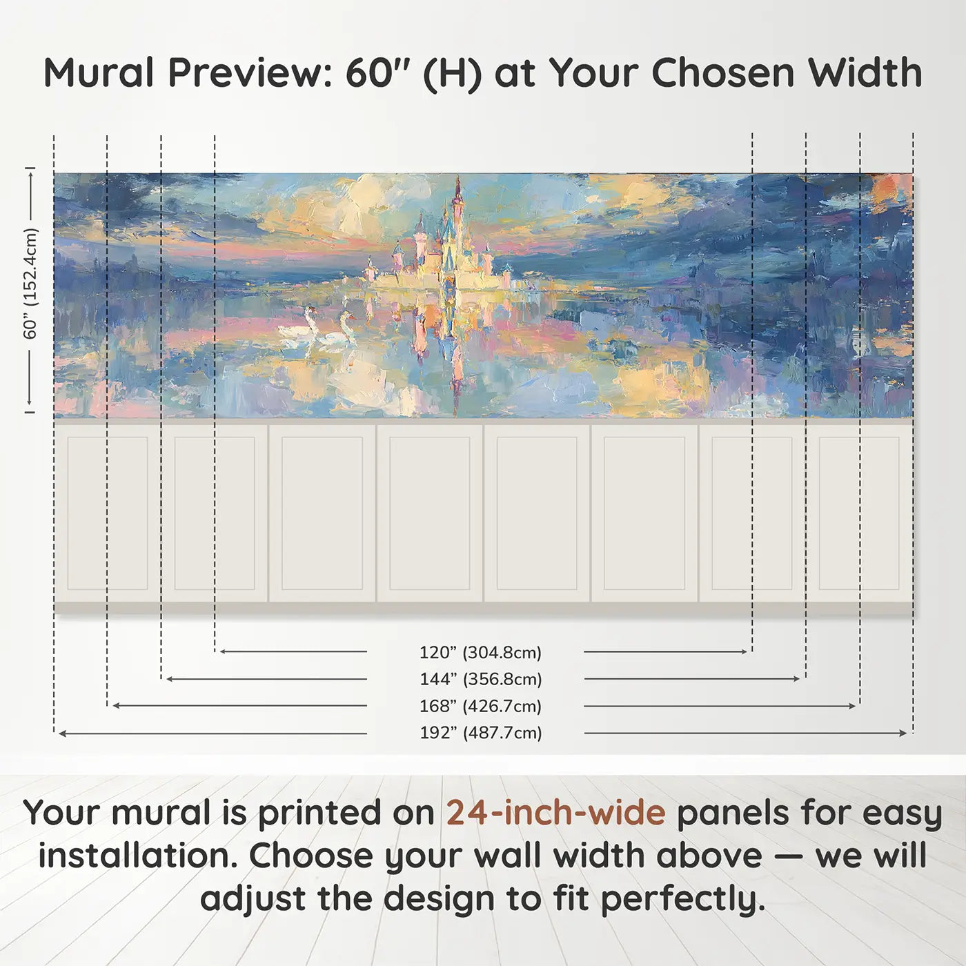 Panel dimensions for Fairy-tale Castle Lake Oil Wainscoting Wallpaper by Whimsy Tots