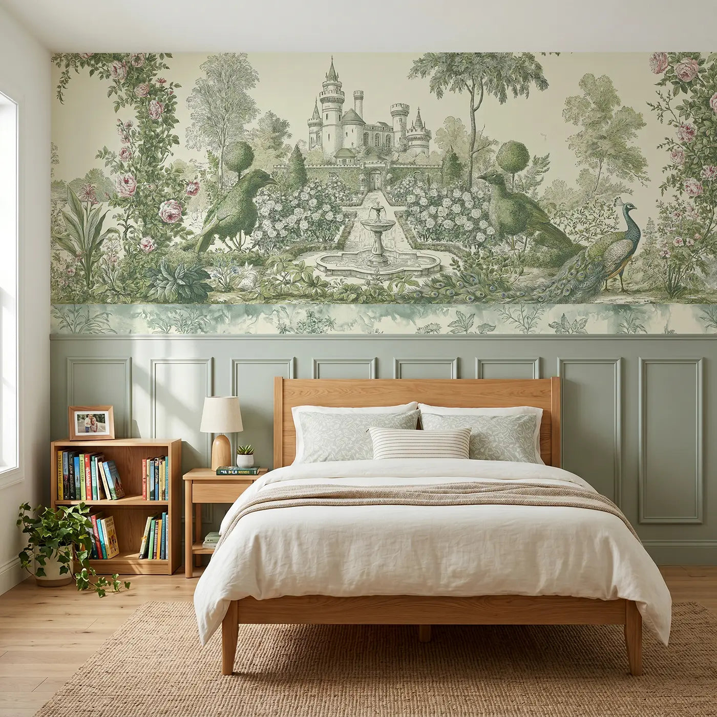 Botanical Elegance castle rose garden toile wainscoting wallpaper for bedroom by Whimsy Tots