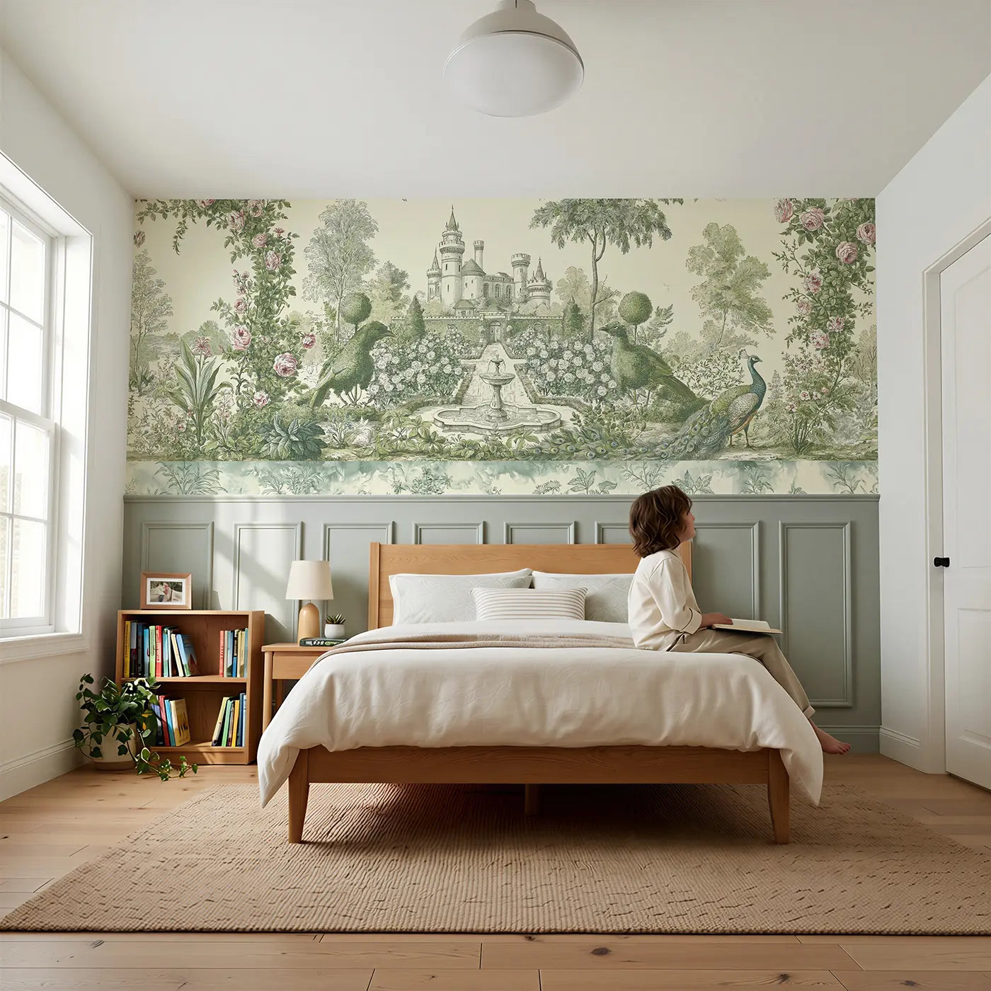 Child reading near Castle Rose Garden Toile Wainscoting Wallpaper by Whimsy Tots