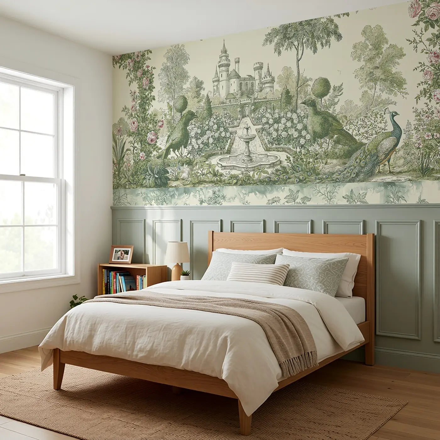 Castle Rose Garden Toile Wainscoting Wallpaper styled in a kids bedroom by Whimsy Tots