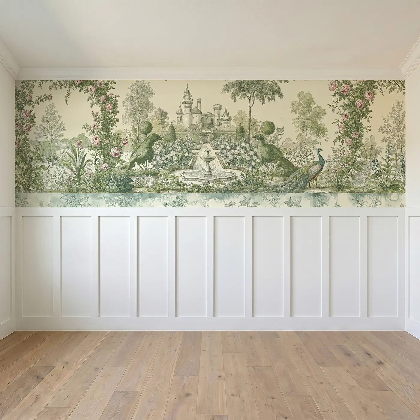 Full panel view of Castle Rose Garden Toile Wainscoting Wallpaper by Whimsy Tots